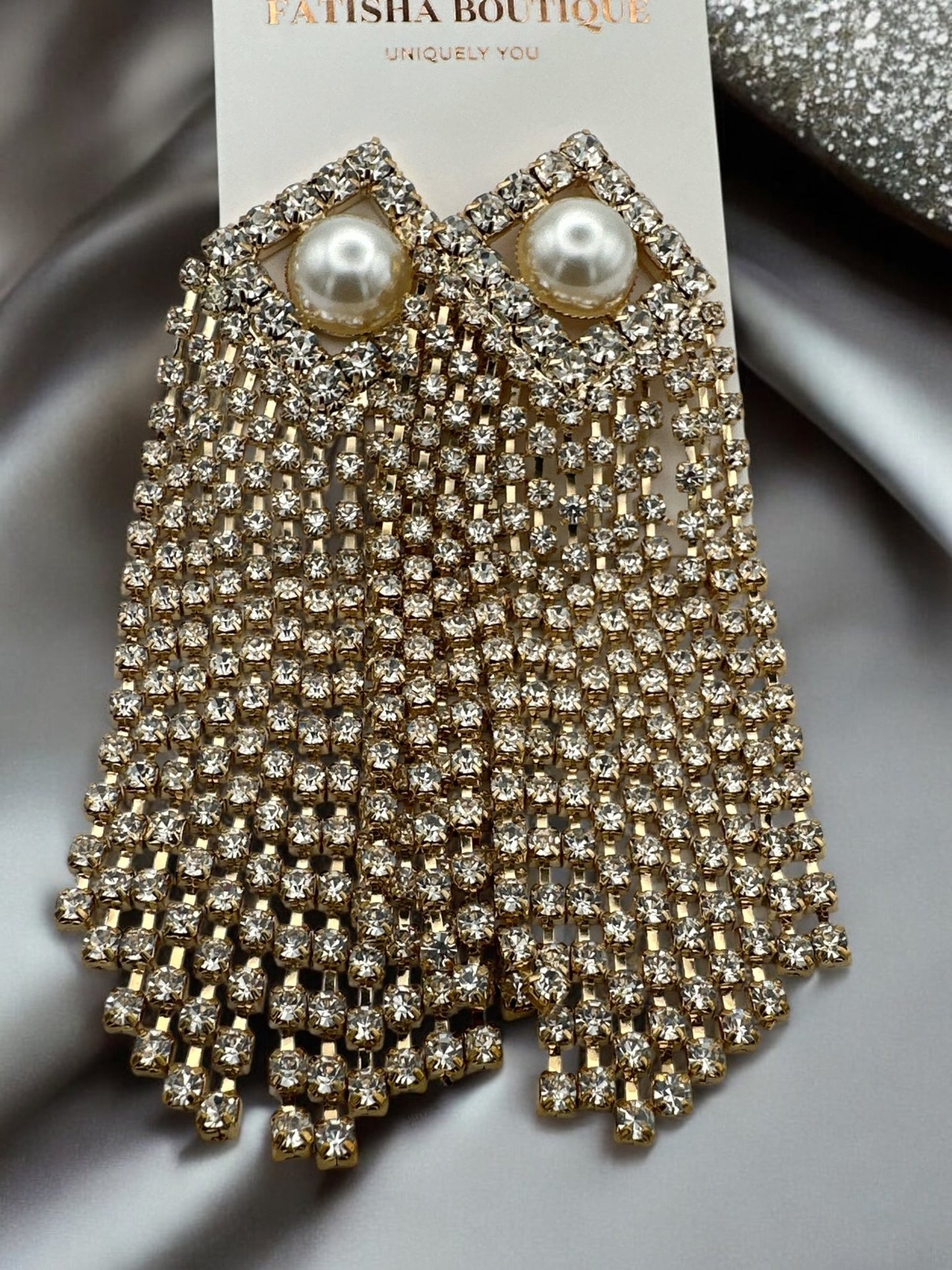 Elegant Pearl and Rhinestone Drape Statement Earrings - Fatisha Boutique