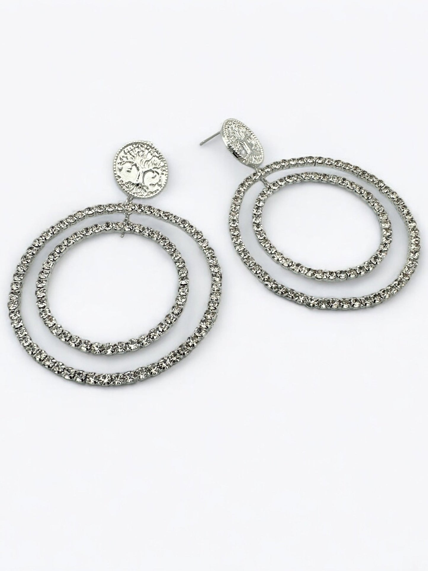 Elegant Rhinestone Double - Hoop Earrings with Tree of Life Detail - Fatisha Boutique