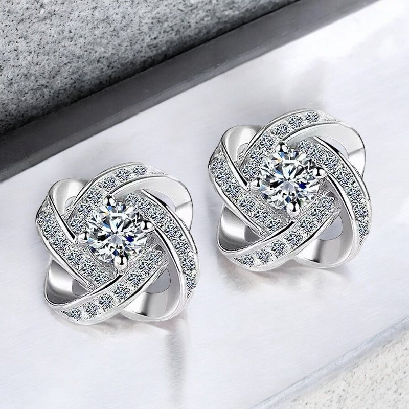 Elegant Rhinestone Knot Stud Earrings – Silver - Plated with Crystal or Amethyst Stone - Fatisha Boutique