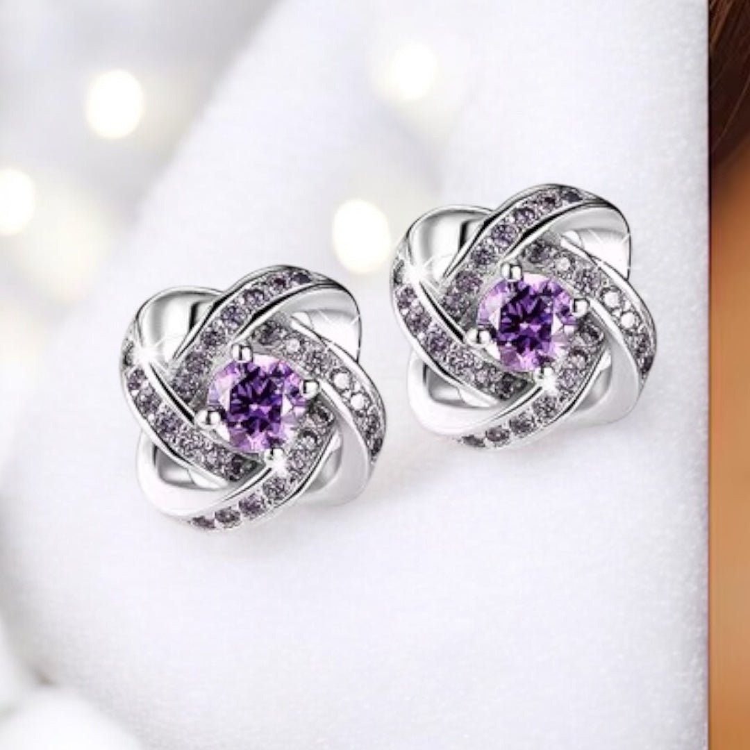 Elegant Rhinestone Knot Stud Earrings – Silver - Plated with Crystal or Amethyst Stone - Fatisha Boutique