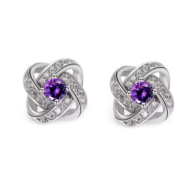 Elegant Rhinestone Knot Stud Earrings – Silver - Plated with Crystal or Amethyst Stone - Fatisha Boutique