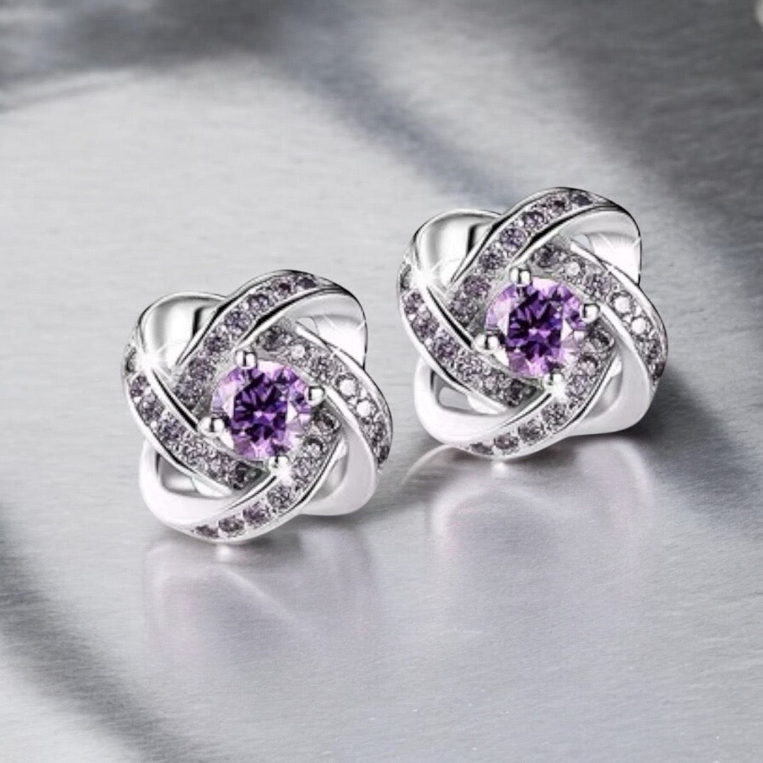 Elegant Rhinestone Knot Stud Earrings – Silver - Plated with Crystal or Amethyst Stone - Fatisha Boutique