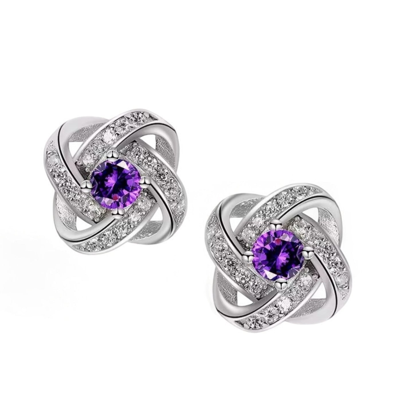 Elegant Rhinestone Knot Stud Earrings – Silver - Plated with Crystal or Amethyst Stone - Fatisha Boutique