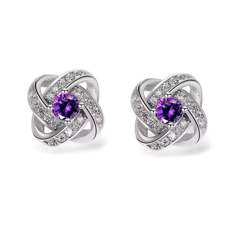 Elegant Rhinestone Knot Stud Earrings – Silver - Plated with Crystal or Amethyst Stone - Fatisha Boutique