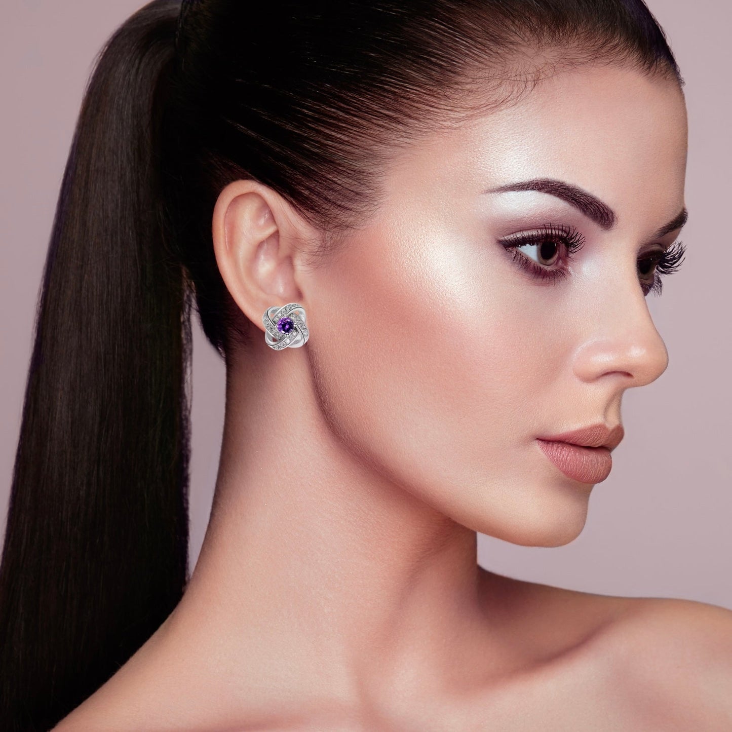 Elegant Rhinestone Knot Stud Earrings – Silver - Plated with Crystal or Amethyst Stone - Fatisha Boutique