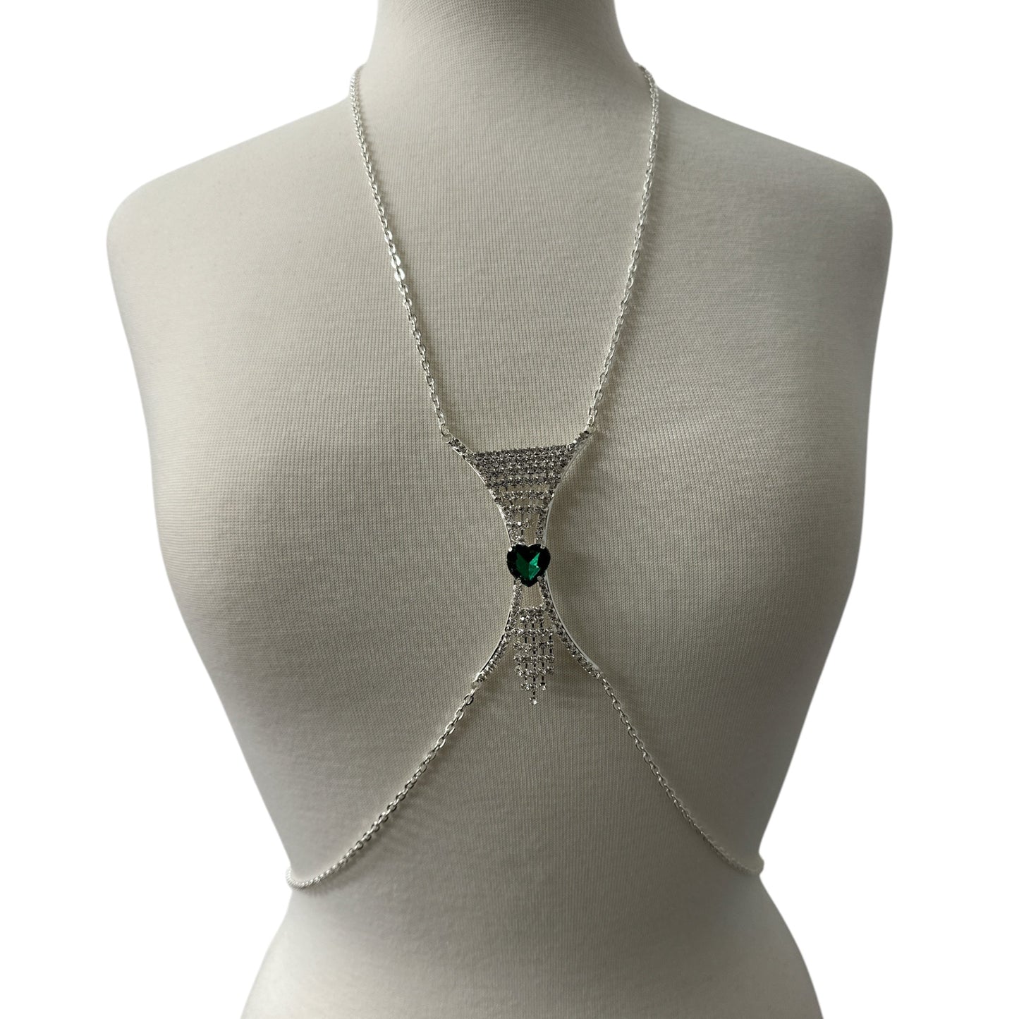Elegant Silver Rhinestone Body Chain with Green Heart Pendant - Statement Body Jewellery - Fatisha Boutique