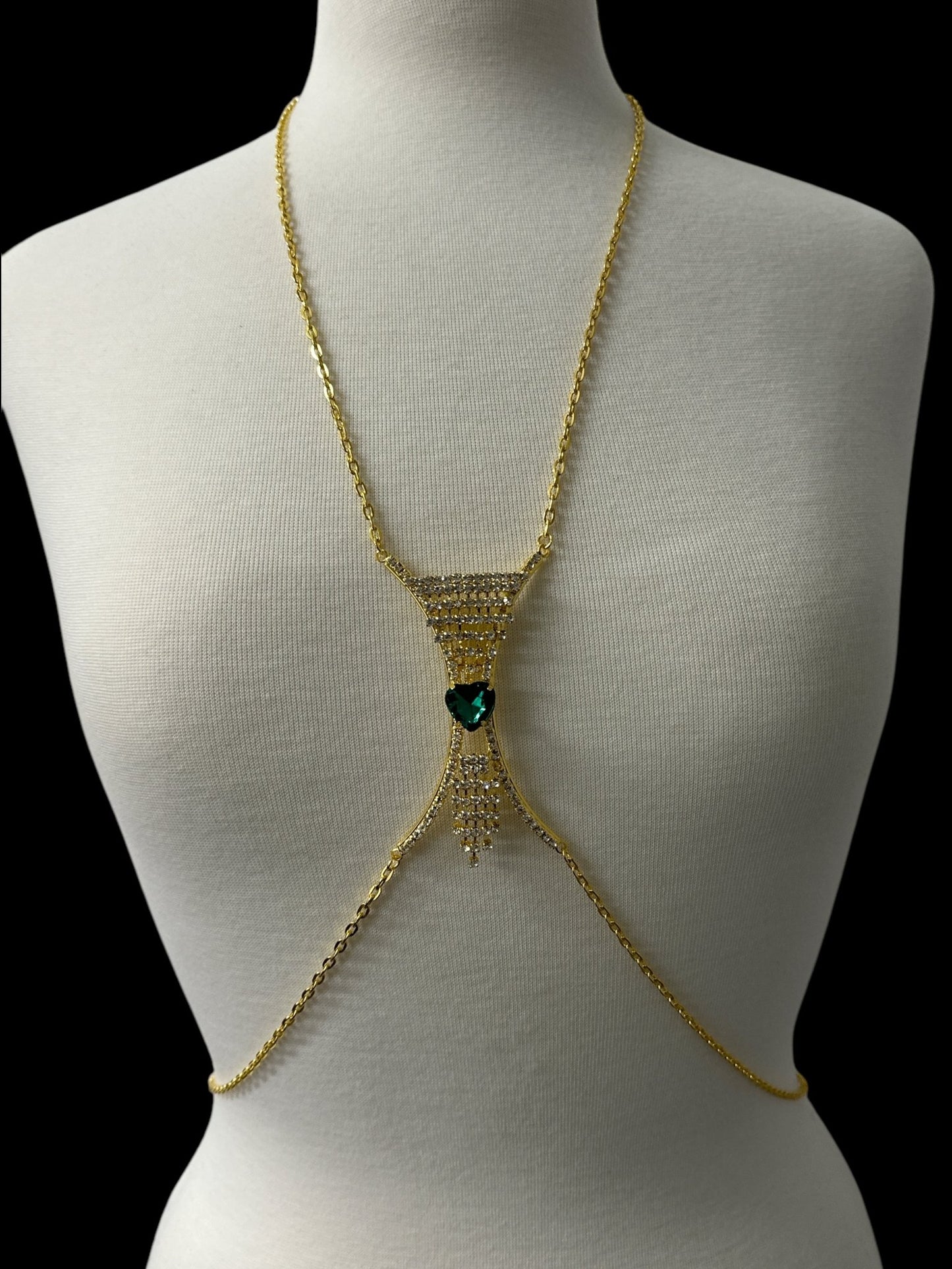 Elegant Silver Rhinestone Body Chain with Green Heart Pendant - Statement Body Jewellery - Fatisha Boutique