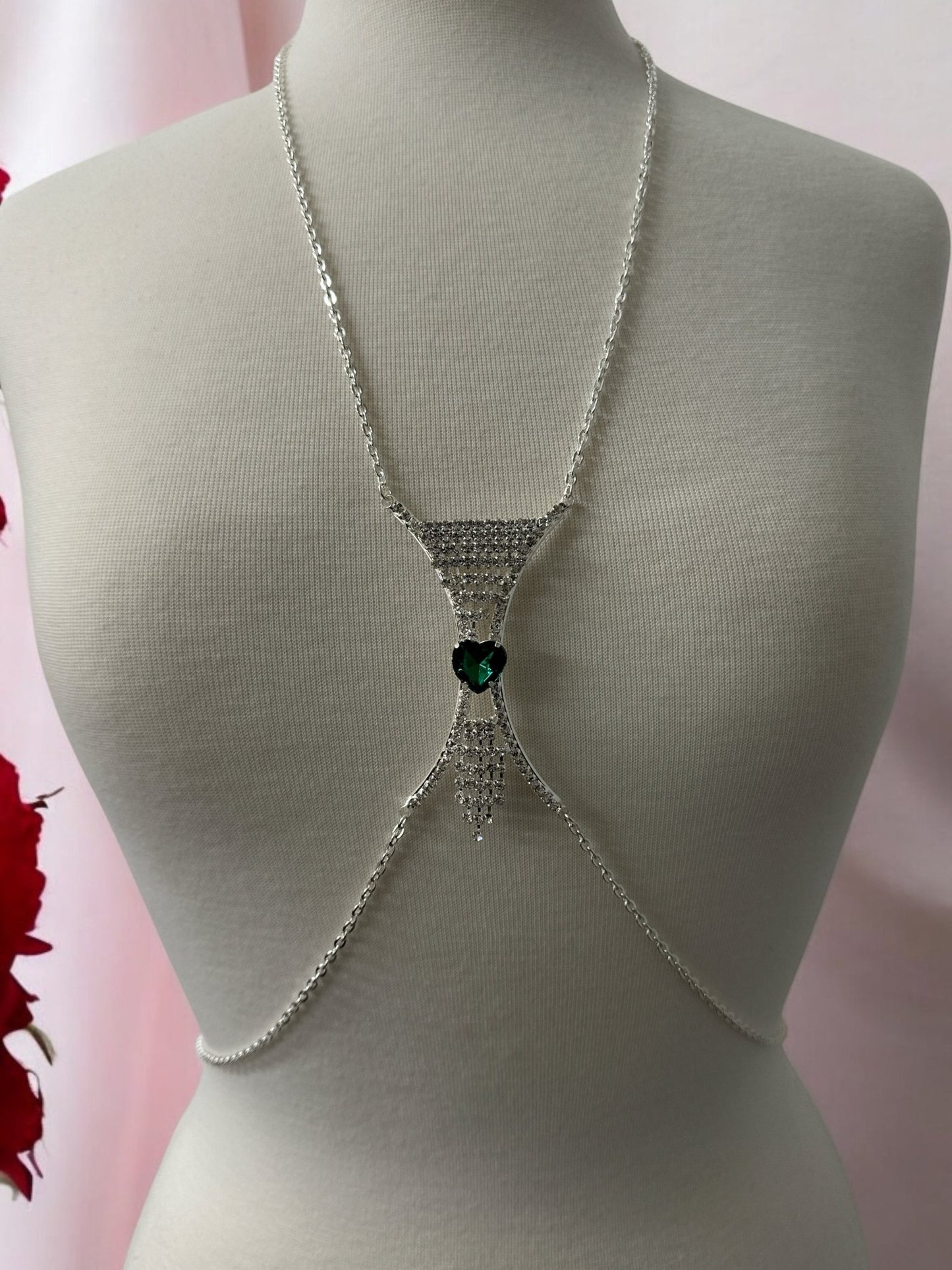 Elegant Silver Rhinestone Body Chain with Green Heart Pendant - Statement Body Jewellery - Fatisha Boutique