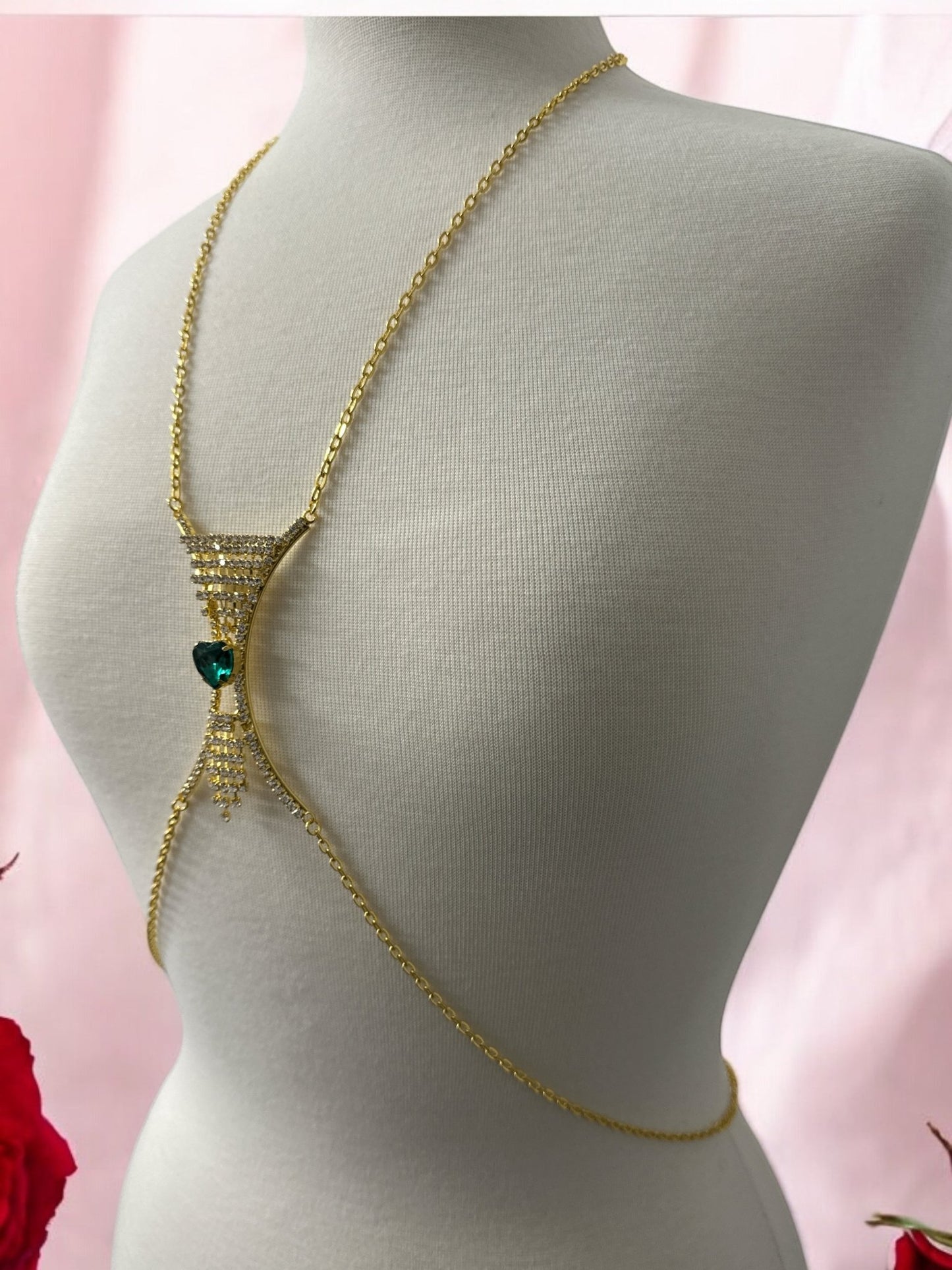 Elegant Silver Rhinestone Body Chain with Green Heart Pendant - Statement Body Jewellery - Fatisha Boutique