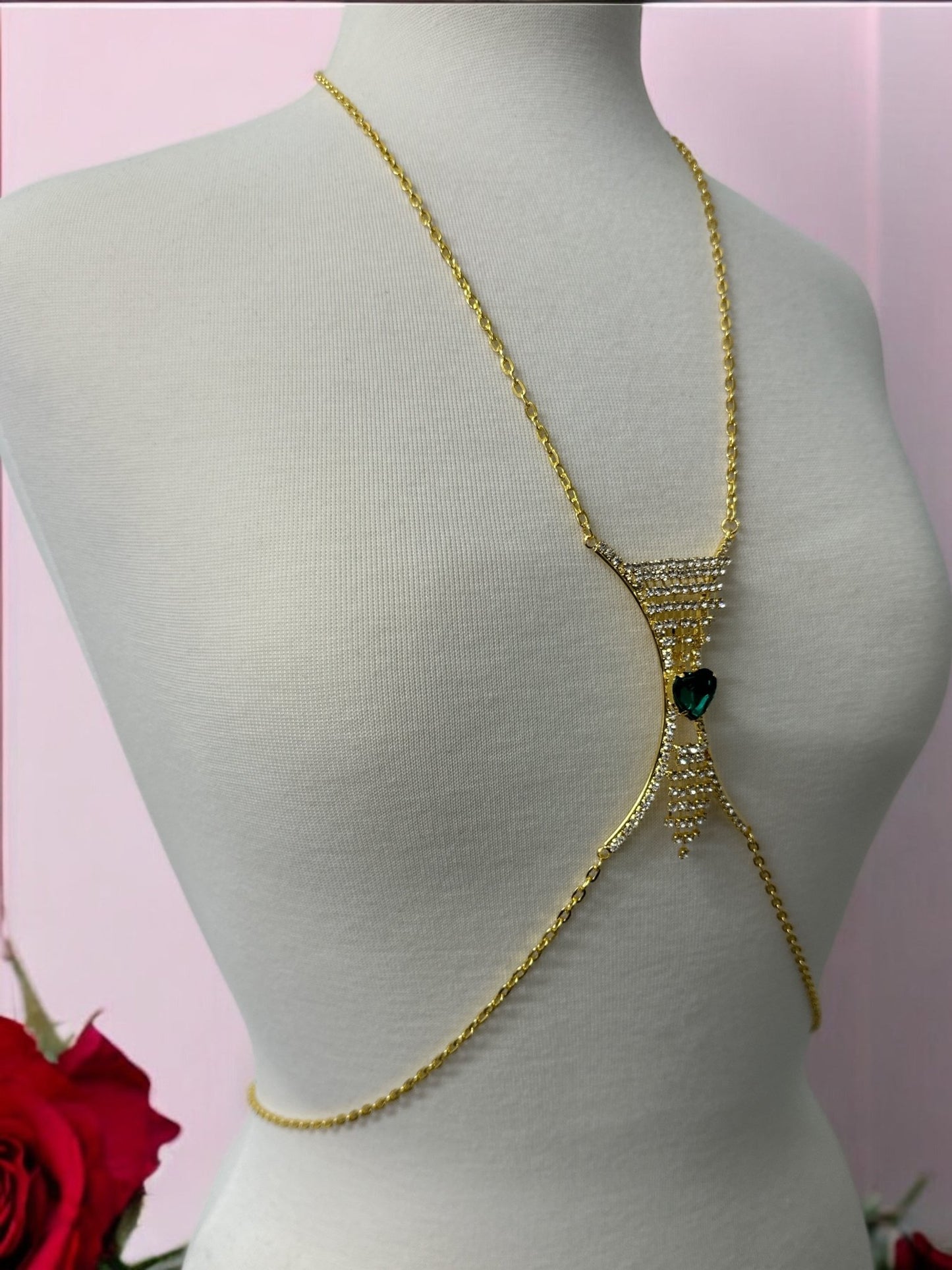 Elegant Silver Rhinestone Body Chain with Green Heart Pendant - Statement Body Jewellery - Fatisha Boutique