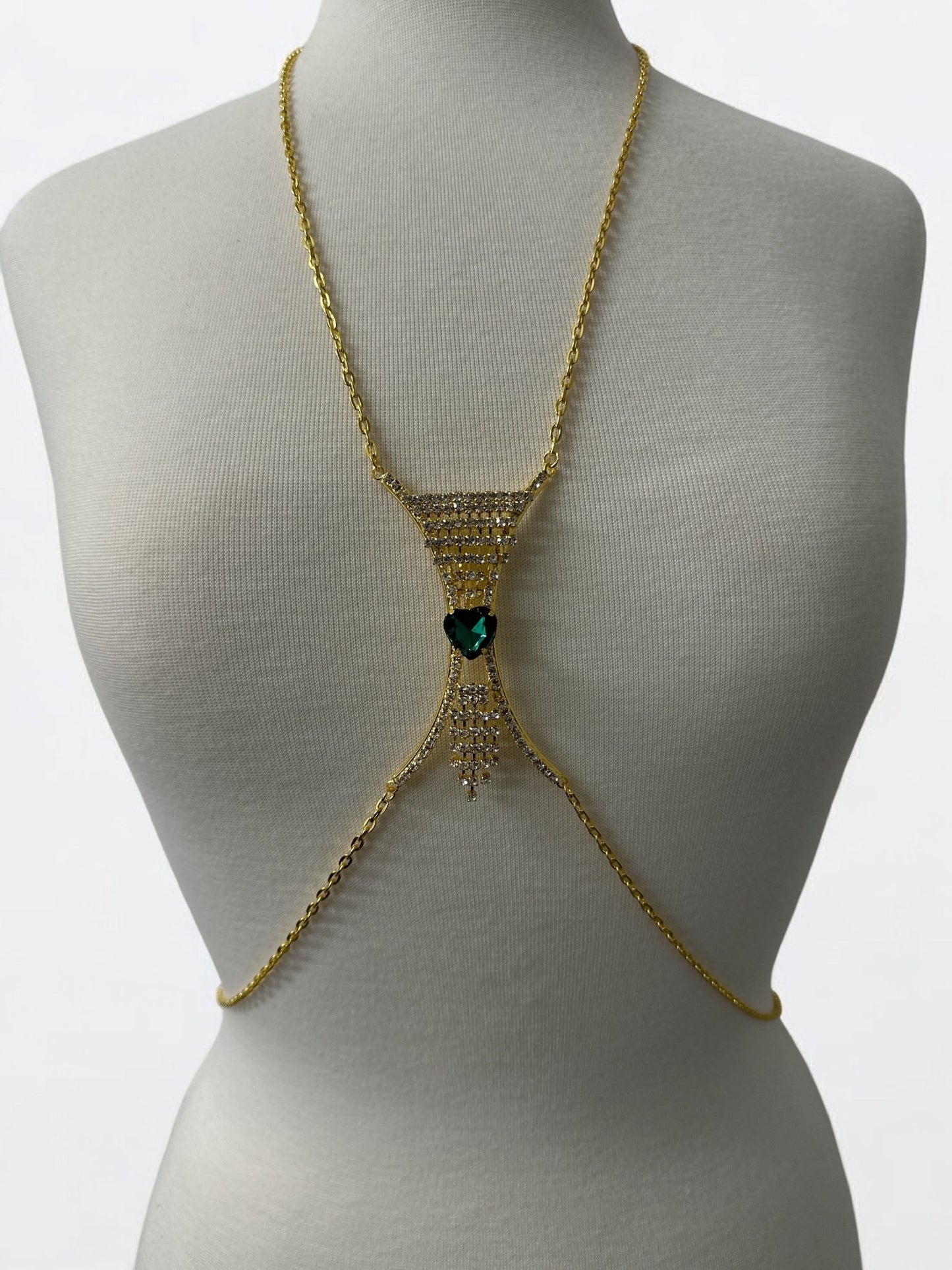 Elegant Silver Rhinestone Body Chain with Green Heart Pendant - Statement Body Jewellery - Fatisha Boutique