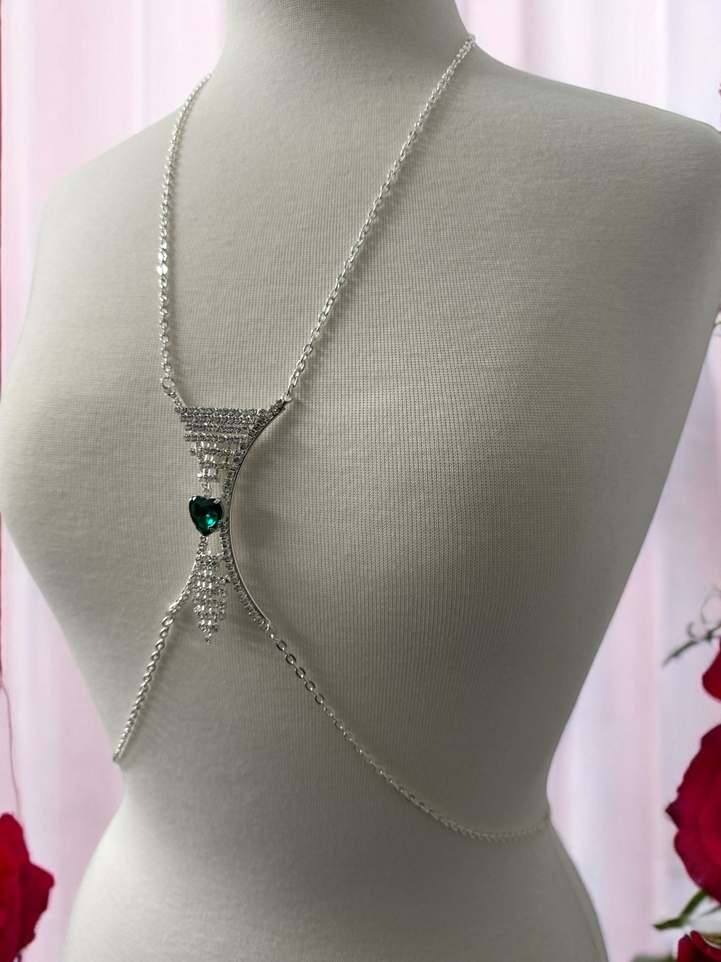 Elegant Silver Rhinestone Body Chain with Green Heart Pendant - Statement Body Jewellery - Fatisha Boutique