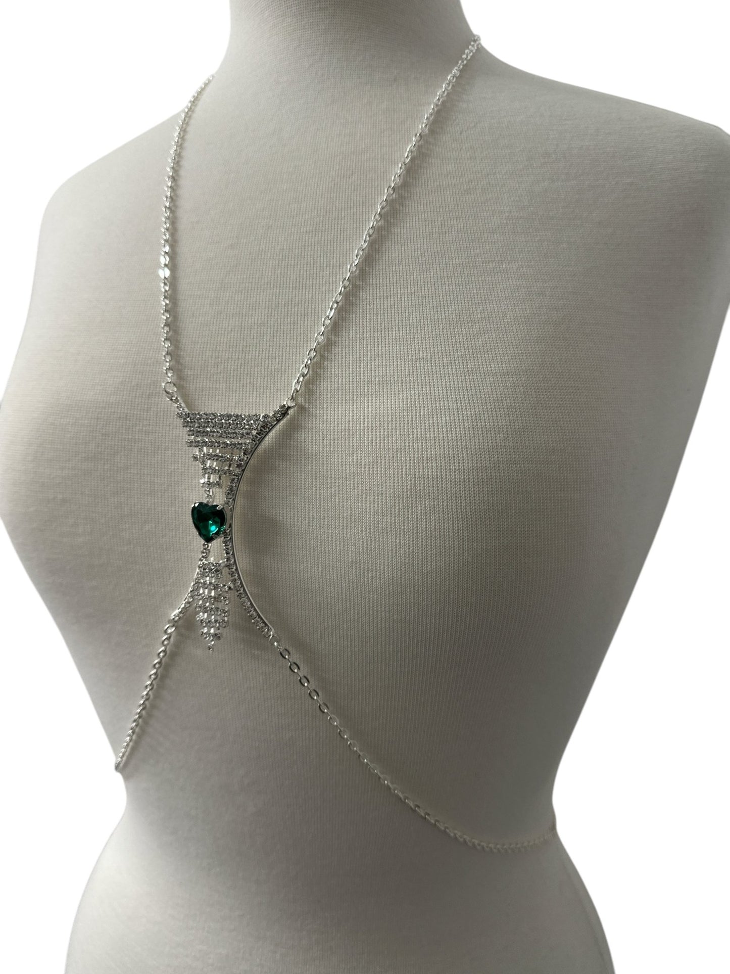 Elegant Silver Rhinestone Body Chain with Green Heart Pendant - Statement Body Jewellery - Fatisha Boutique