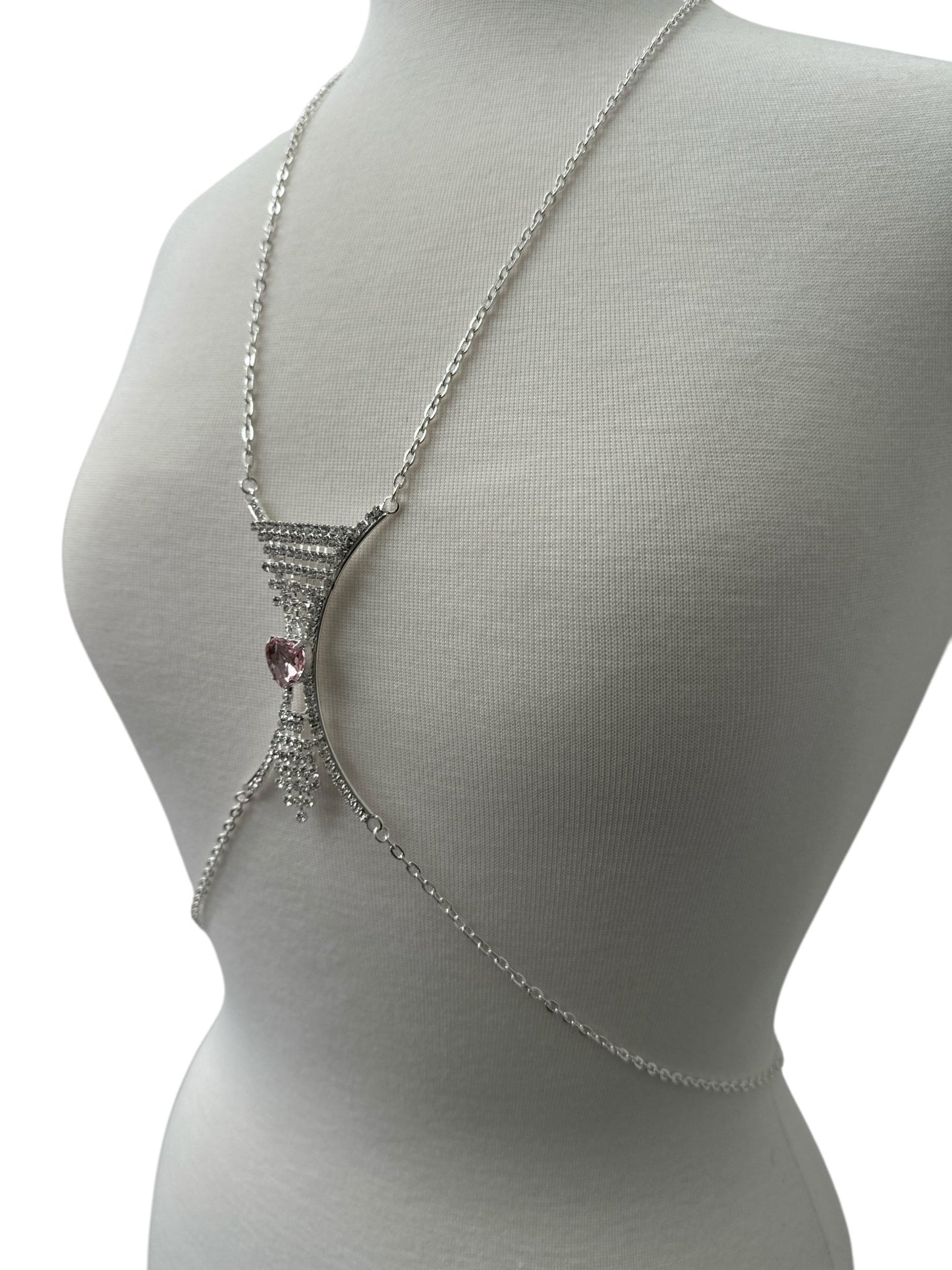 Elegant Silver Rhinestone Body Chain with Pink Heart Pendant - Statement Body Jewellery - Fatisha Boutique
