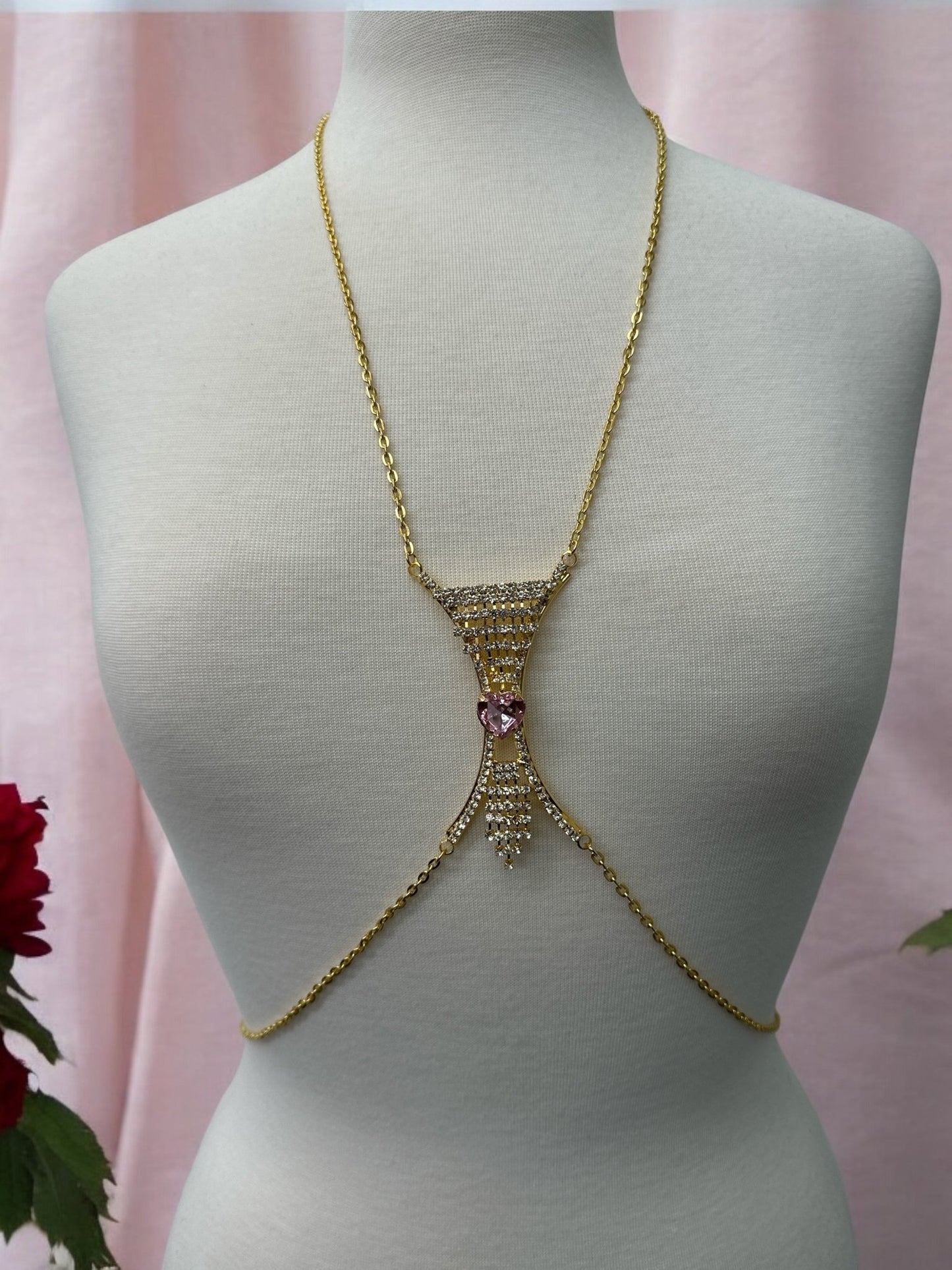 Elegant Silver Rhinestone Body Chain with Pink Heart Pendant - Statement Body Jewellery - Fatisha Boutique