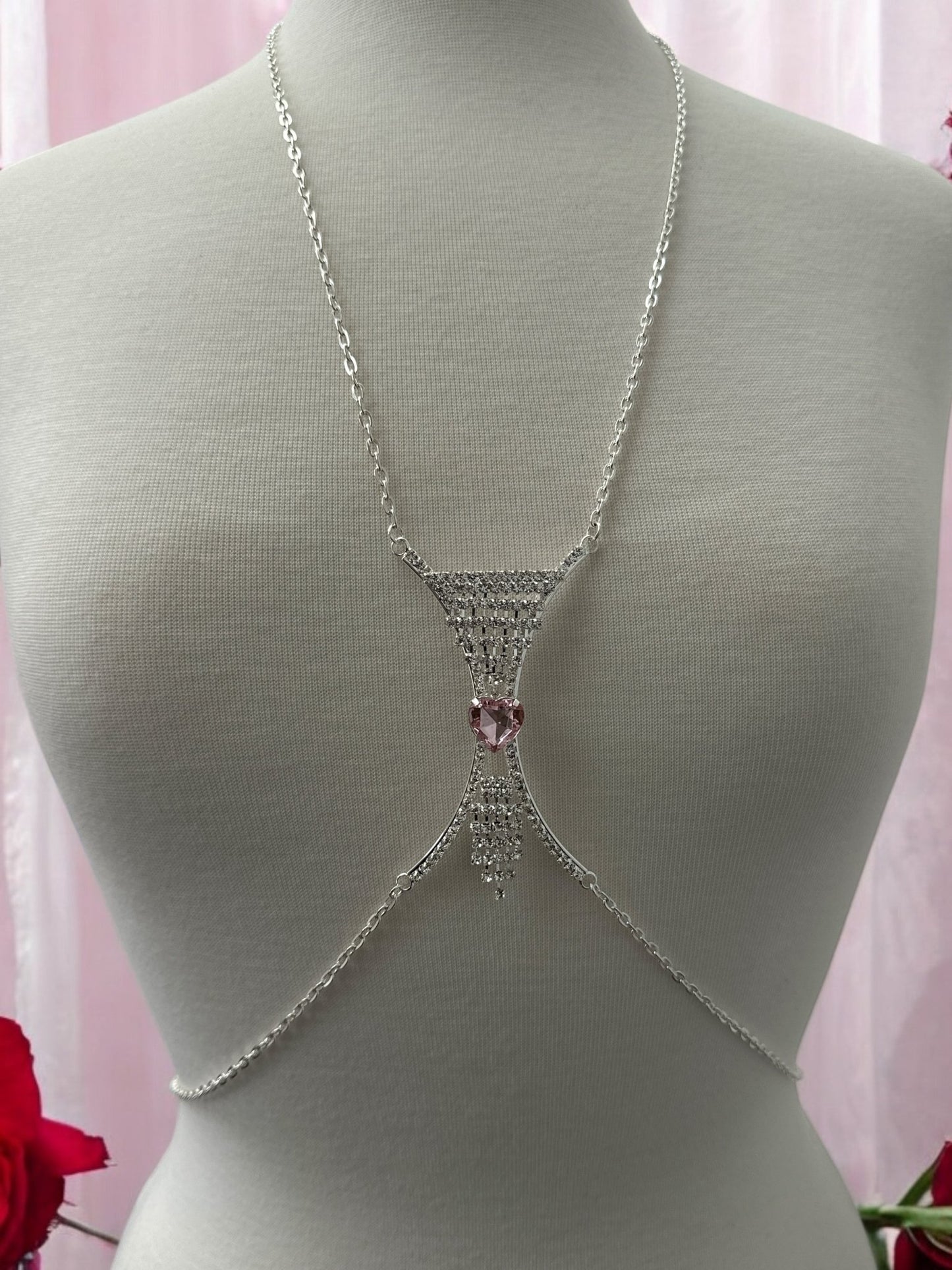 Elegant Silver Rhinestone Body Chain with Pink Heart Pendant - Statement Body Jewellery - Fatisha Boutique