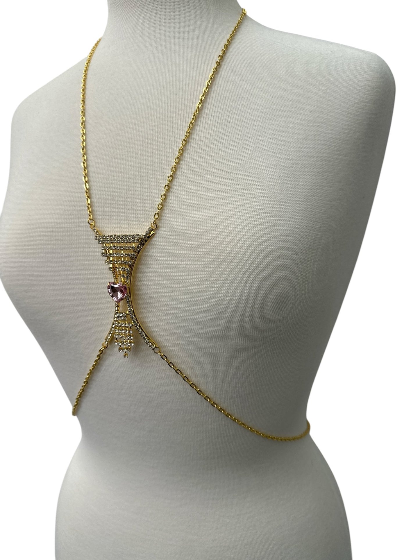 Elegant Silver Rhinestone Body Chain with Pink Heart Pendant - Statement Body Jewellery - Fatisha Boutique
