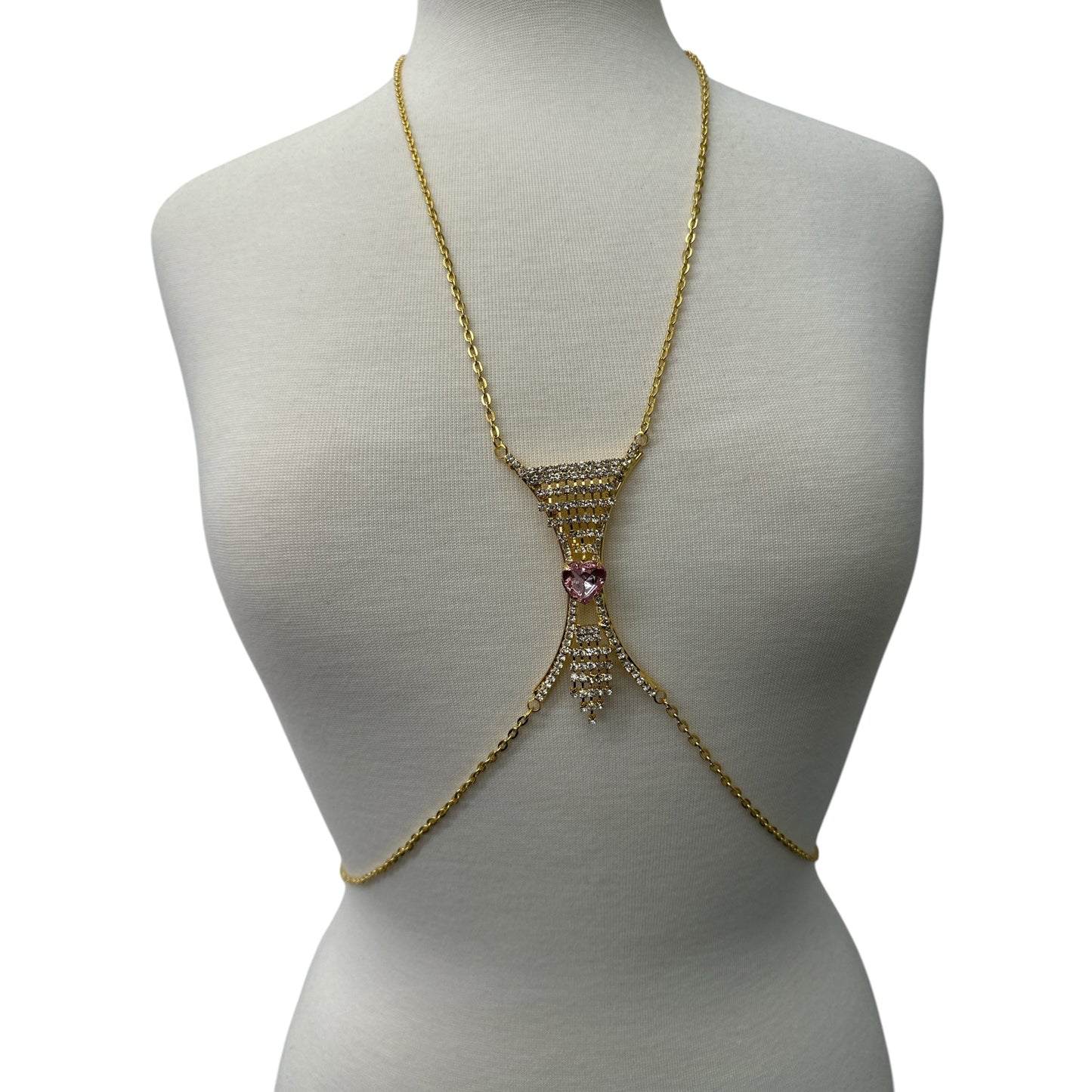 Elegant Silver Rhinestone Body Chain with Pink Heart Pendant - Statement Body Jewellery - Fatisha Boutique