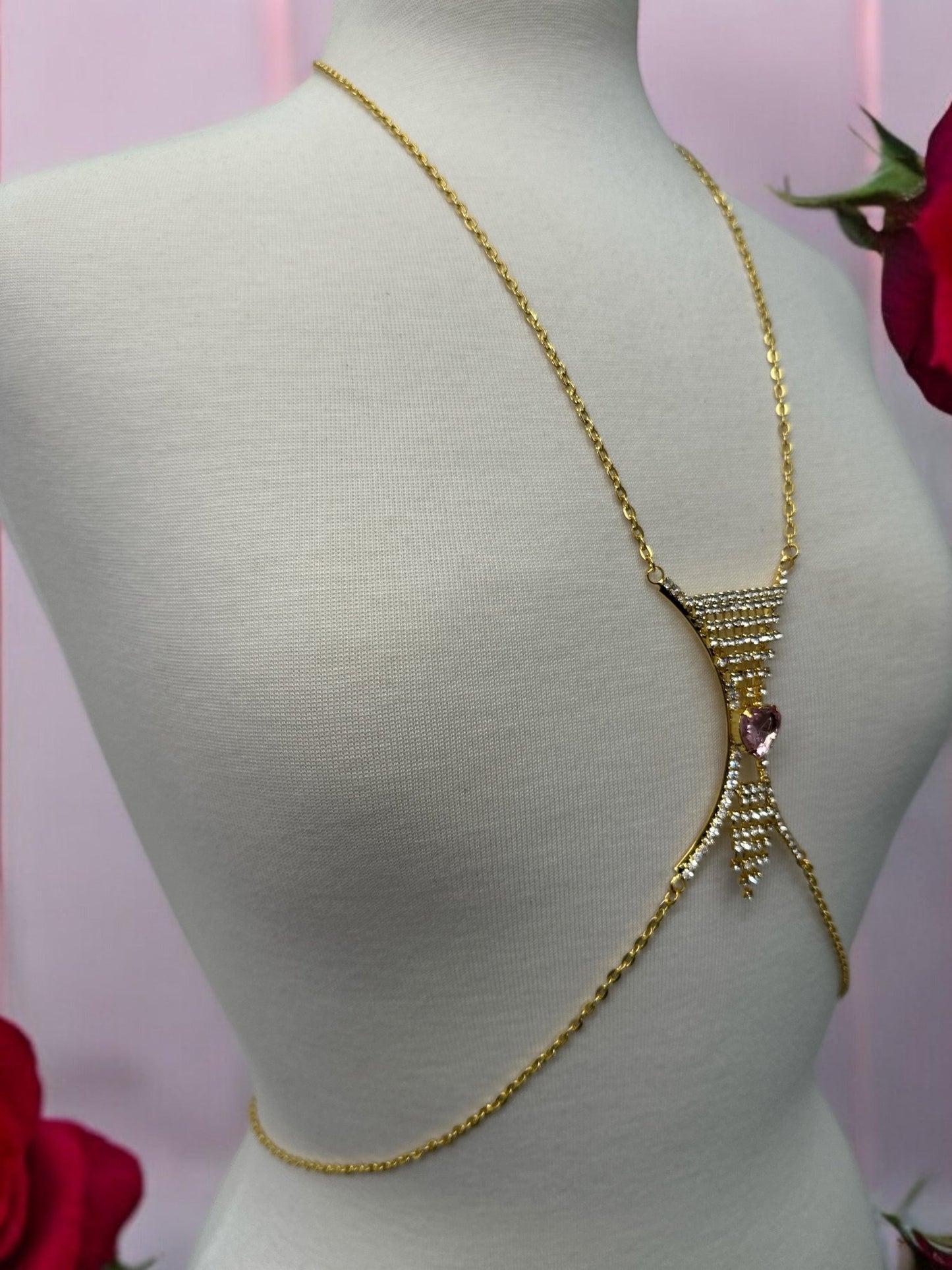 Elegant Silver Rhinestone Body Chain with Pink Heart Pendant - Statement Body Jewellery - Fatisha Boutique