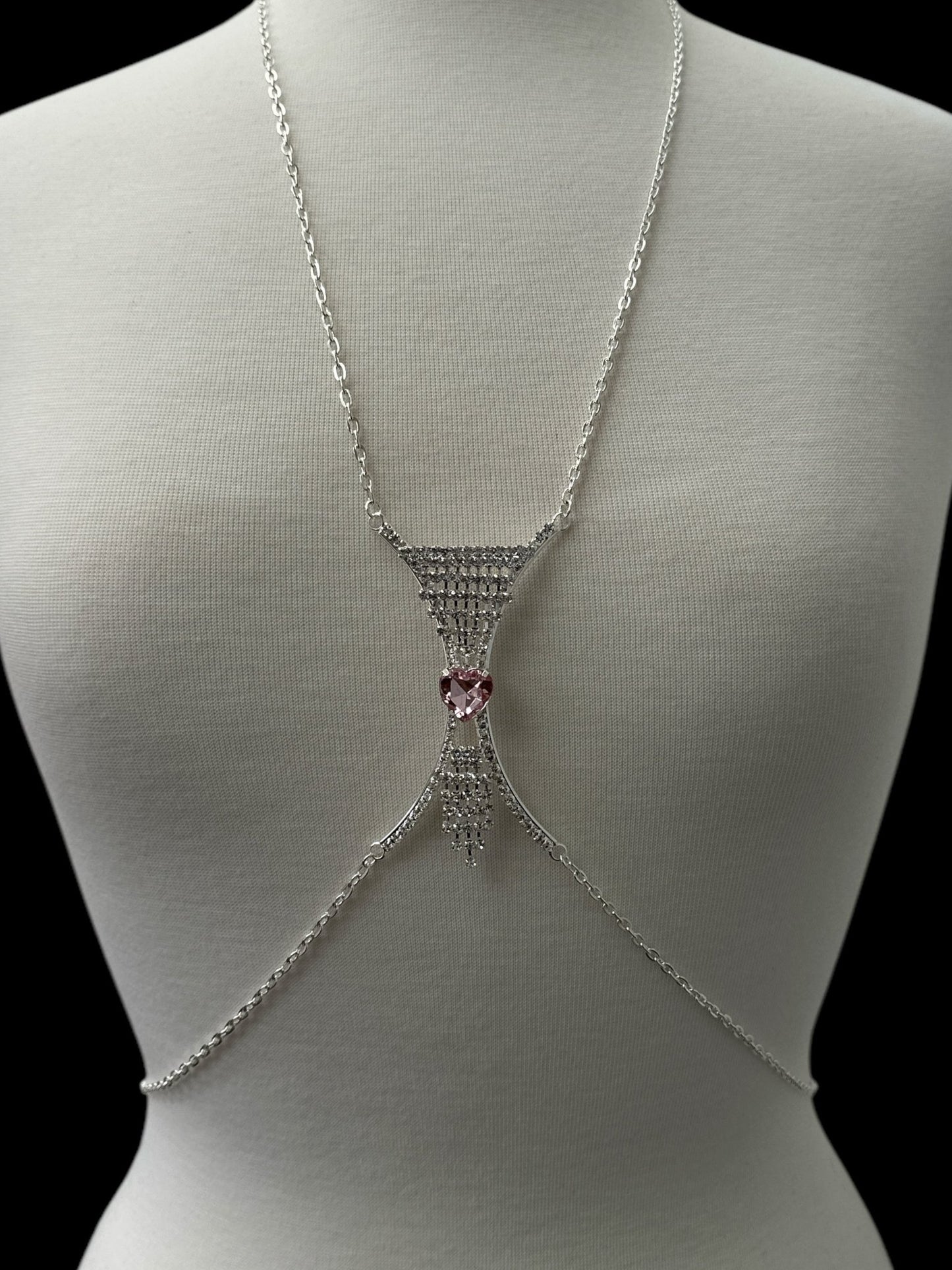 Elegant Silver Rhinestone Body Chain with Pink Heart Pendant - Statement Body Jewellery - Fatisha Boutique