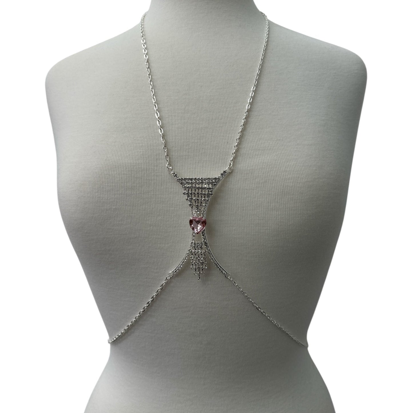 Elegant Silver Rhinestone Body Chain with Pink Heart Pendant - Statement Body Jewellery - Fatisha Boutique