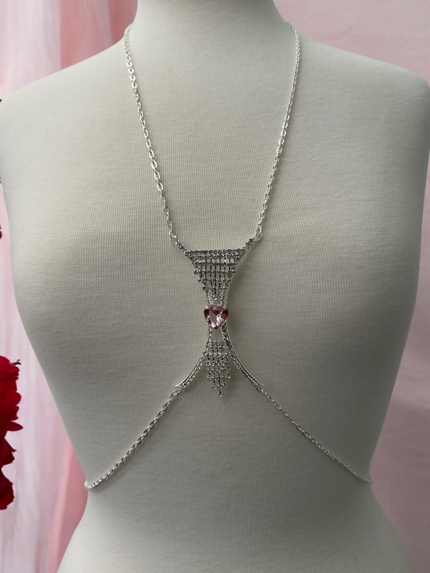 Elegant Silver Rhinestone Body Chain with Pink Heart Pendant - Statement Body Jewellery - Fatisha Boutique