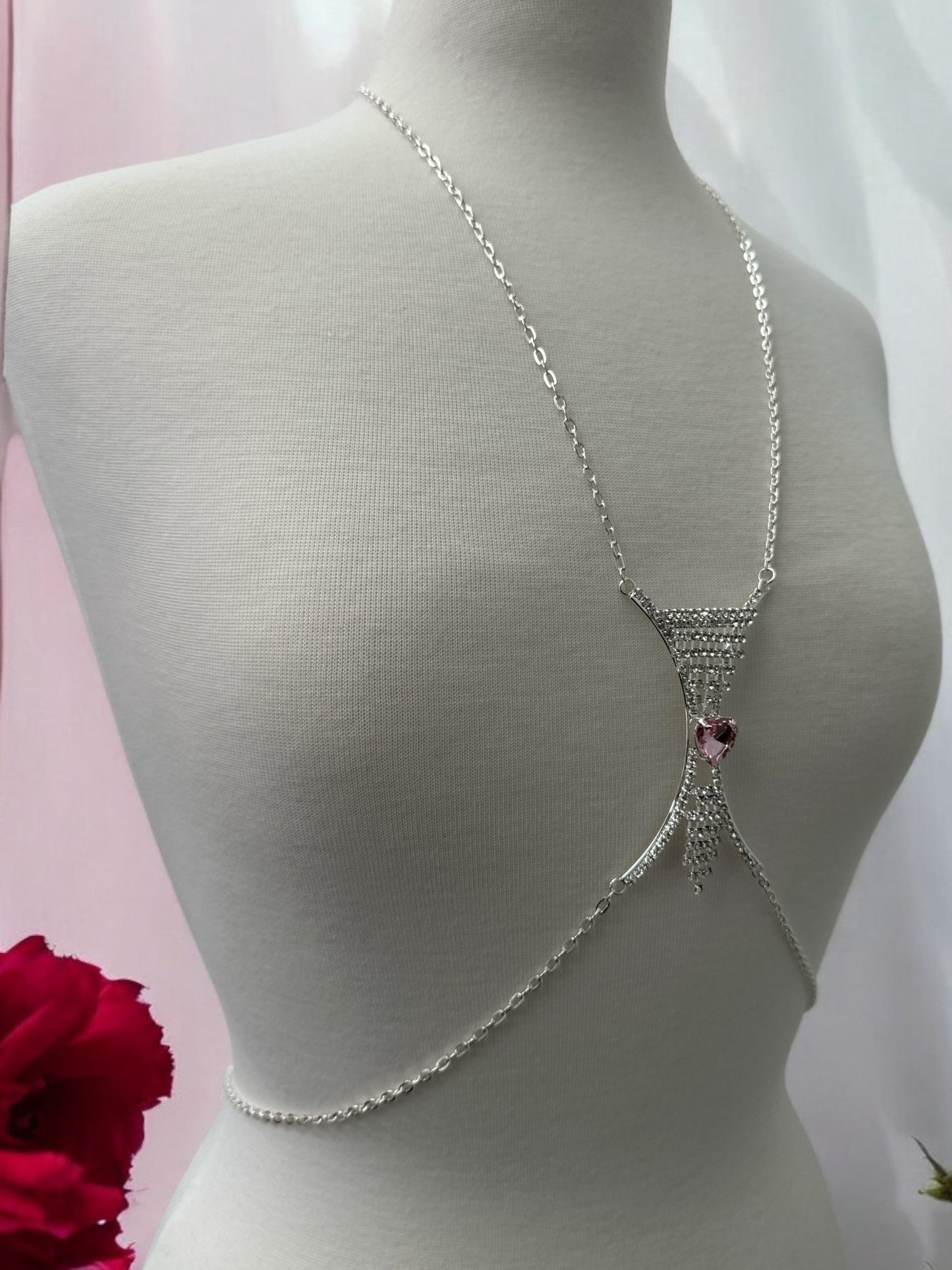 Elegant Silver Rhinestone Body Chain with Pink Heart Pendant - Statement Body Jewellery - Fatisha Boutique