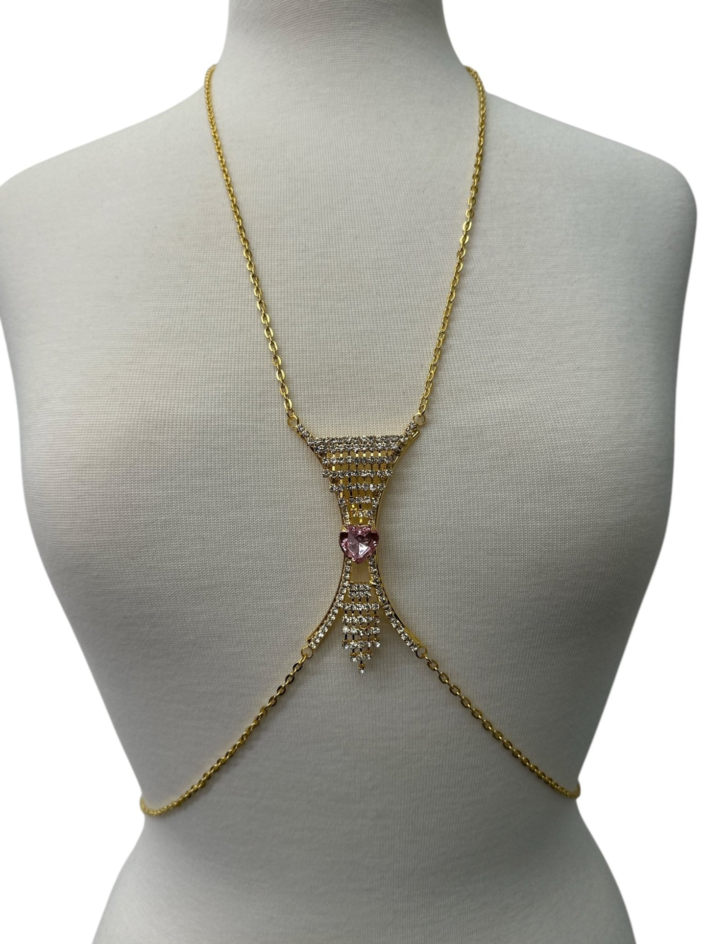 Elegant Silver Rhinestone Body Chain with Pink Heart Pendant - Statement Body Jewellery - Fatisha Boutique