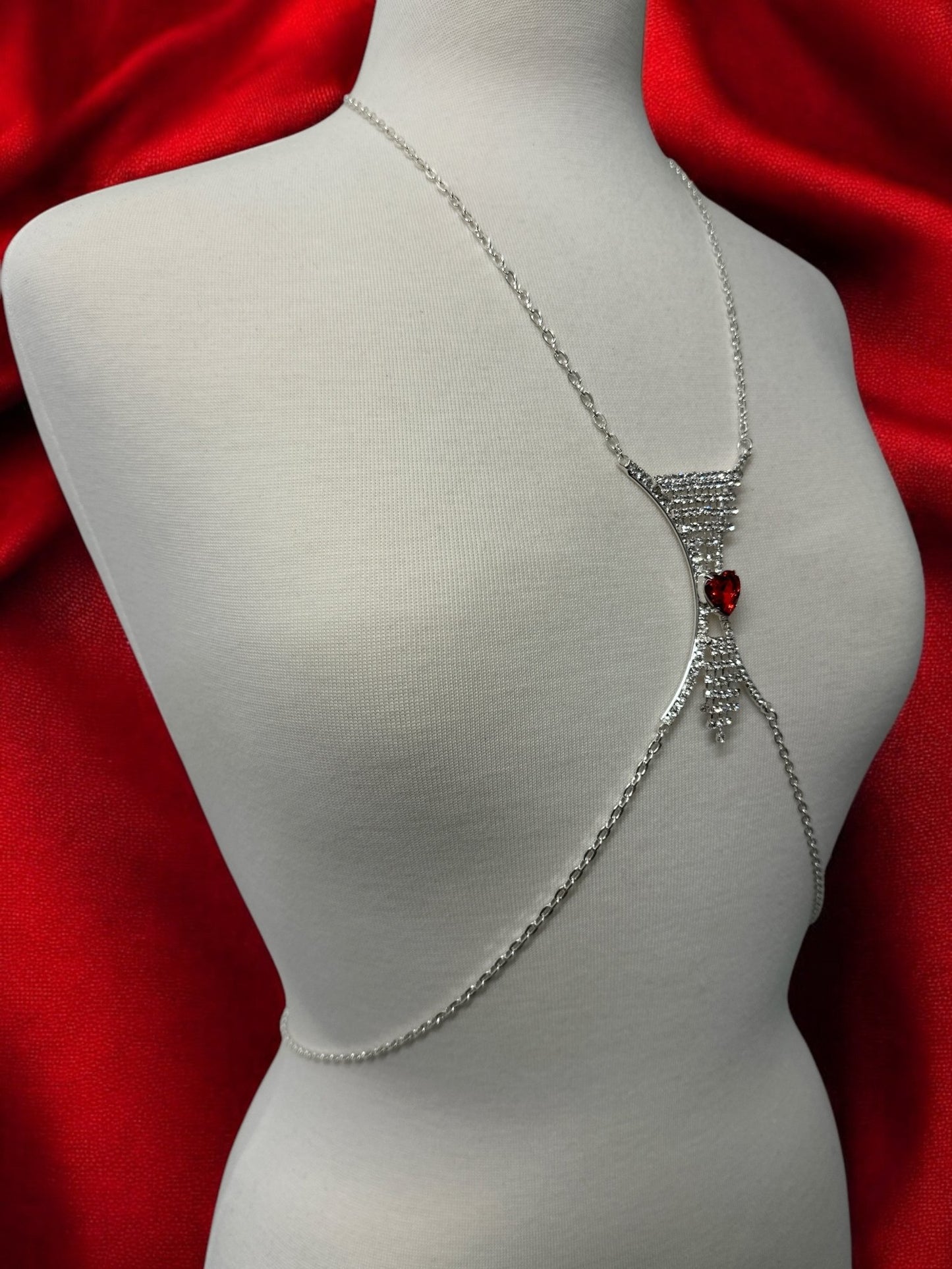 Elegant Silver Rhinestone Body Chain with Red Heart Pendant - Statement Body Jewellery - Fatisha Boutique