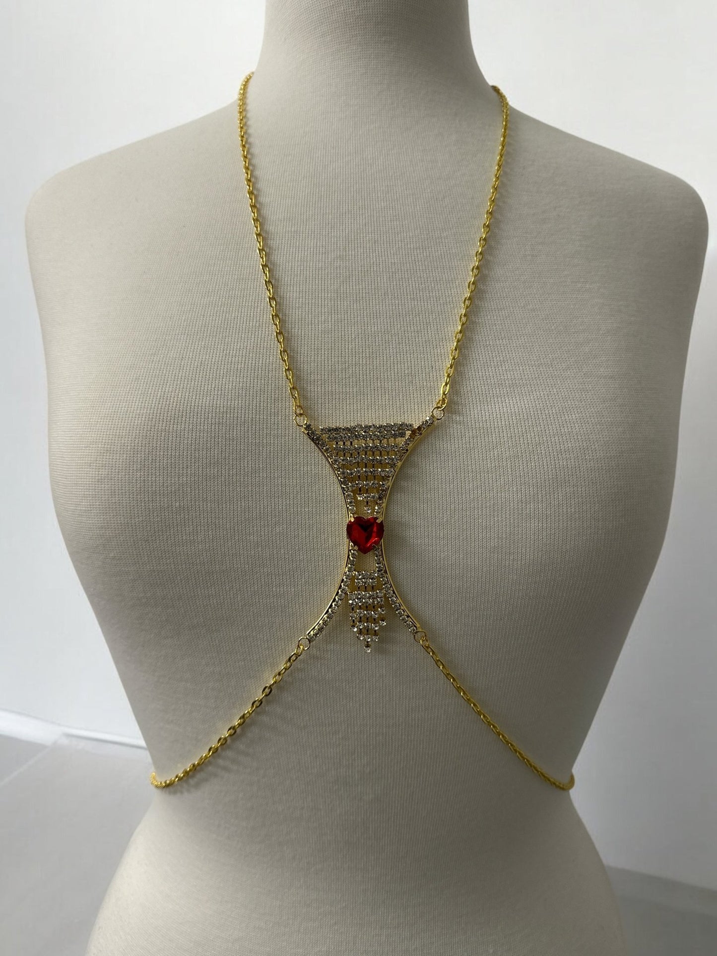 Elegant Silver Rhinestone Body Chain with Red Heart Pendant - Statement Body Jewellery - Fatisha Boutique