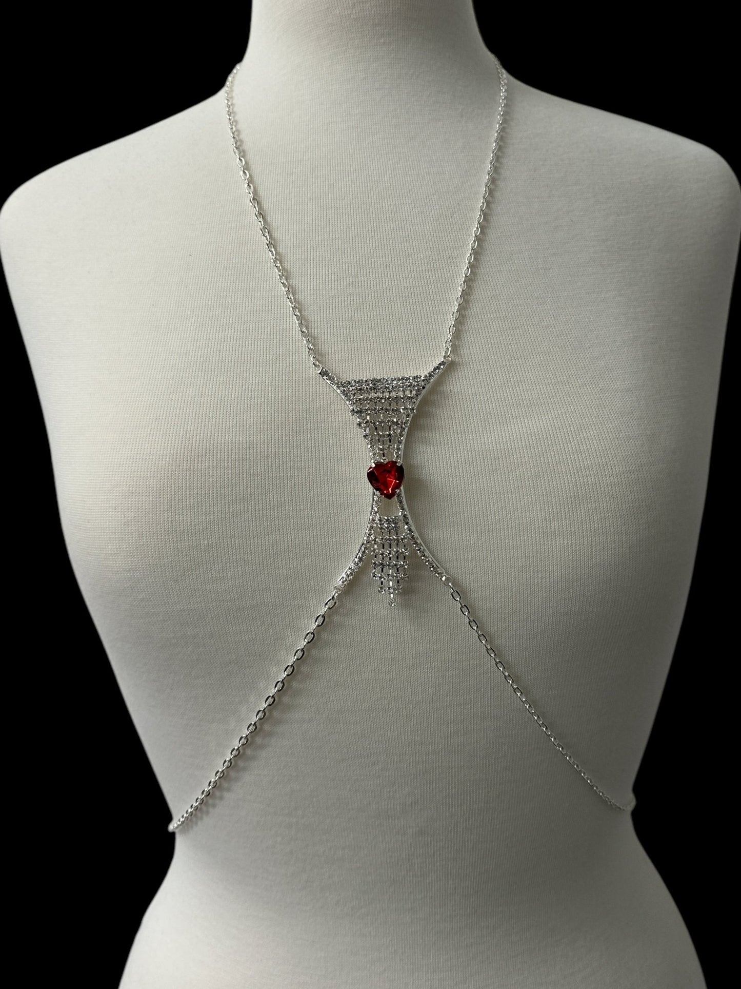 Elegant Silver Rhinestone Body Chain with Red Heart Pendant - Statement Body Jewellery - Fatisha Boutique