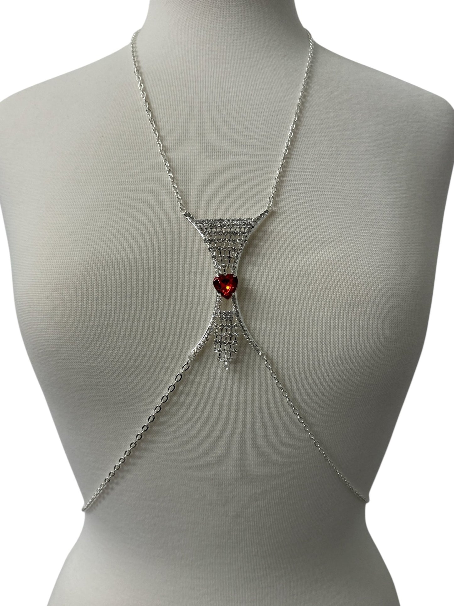 Elegant Silver Rhinestone Body Chain with Red Heart Pendant - Statement Body Jewellery - Fatisha Boutique