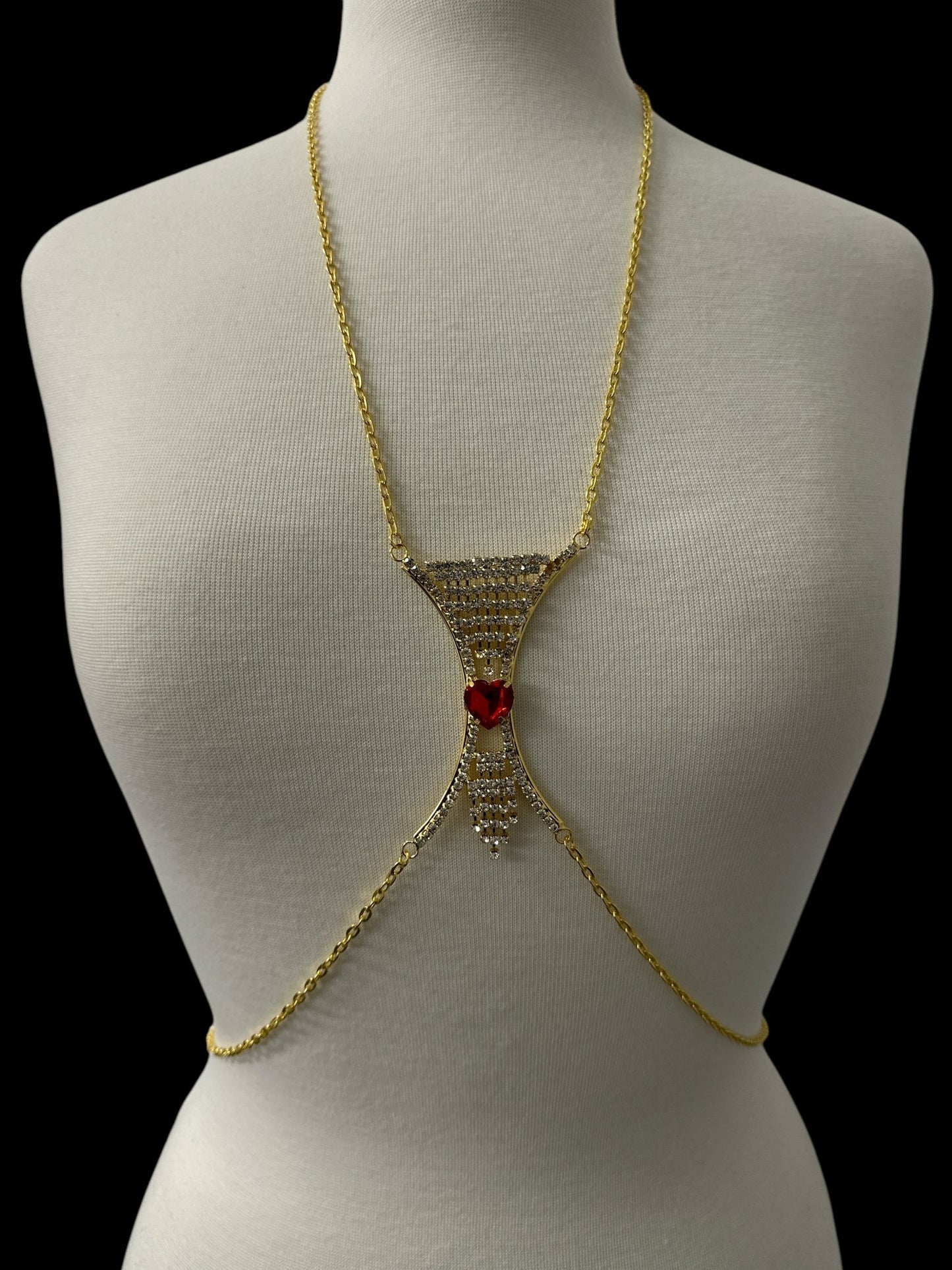 Elegant Silver Rhinestone Body Chain with Red Heart Pendant - Statement Body Jewellery - Fatisha Boutique