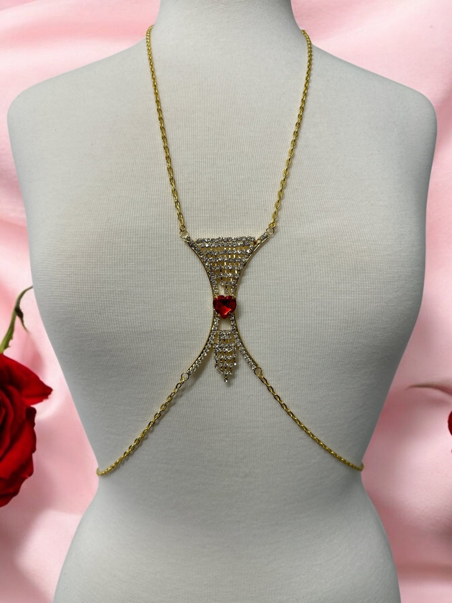 Elegant Silver Rhinestone Body Chain with Red Heart Pendant - Statement Body Jewellery - Fatisha Boutique