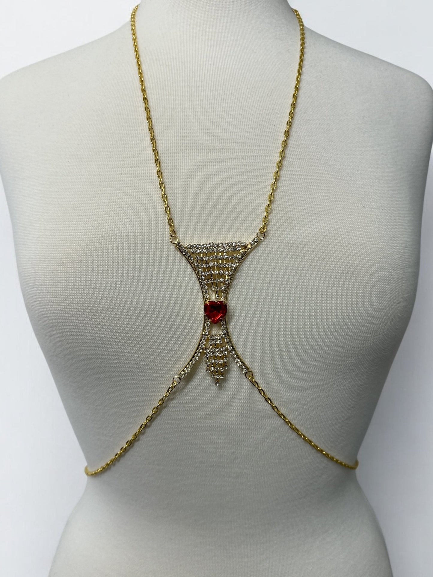Elegant Silver Rhinestone Body Chain with Red Heart Pendant - Statement Body Jewellery - Fatisha Boutique