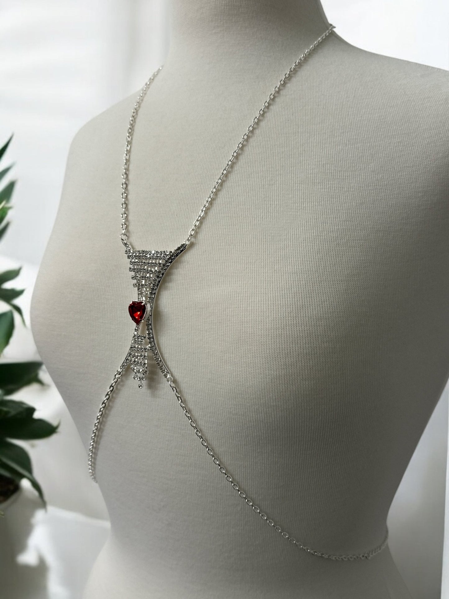Elegant Silver Rhinestone Body Chain with Red Heart Pendant - Statement Body Jewellery - Fatisha Boutique