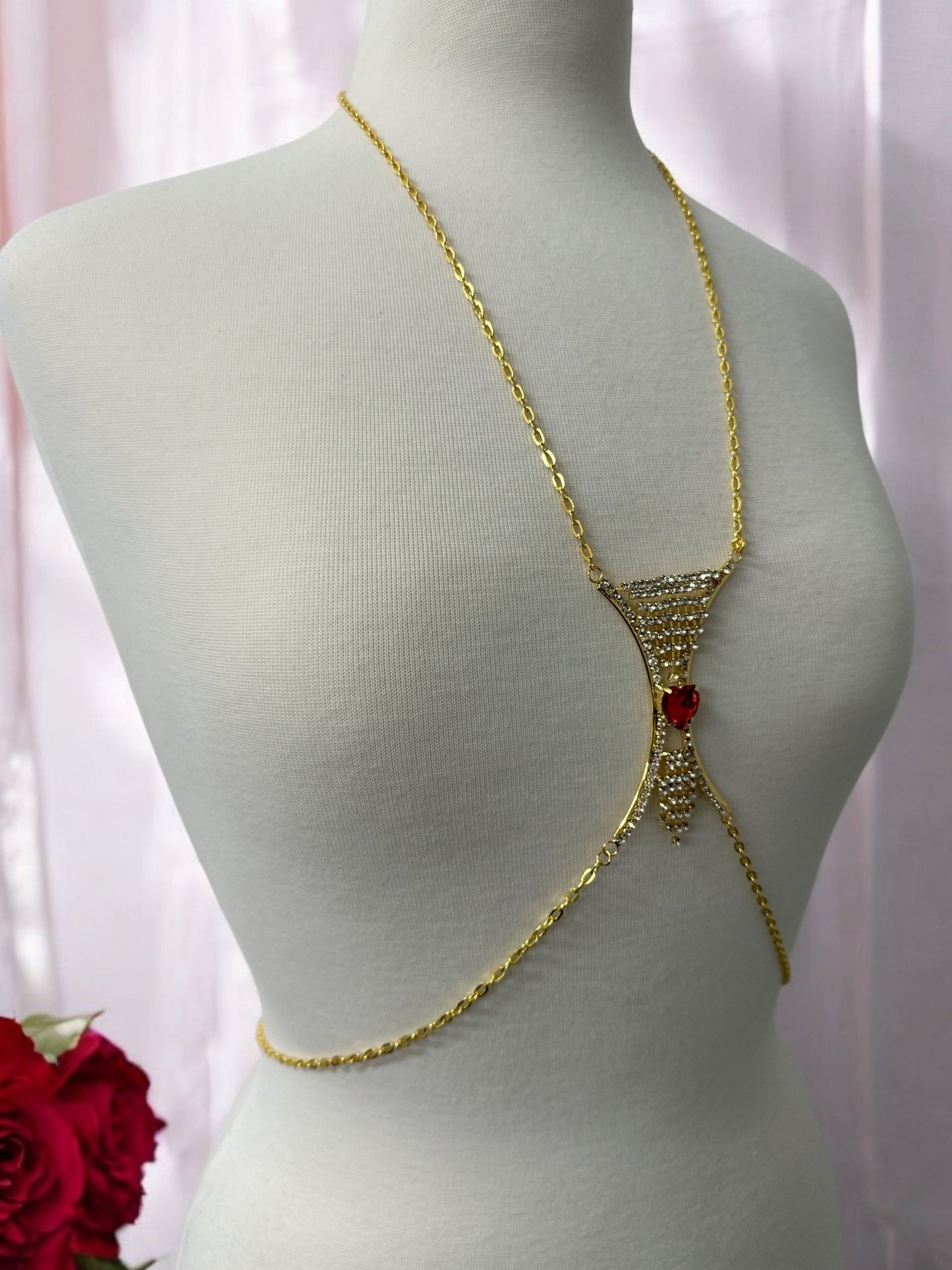 Elegant Silver Rhinestone Body Chain with Red Heart Pendant - Statement Body Jewellery - Fatisha Boutique