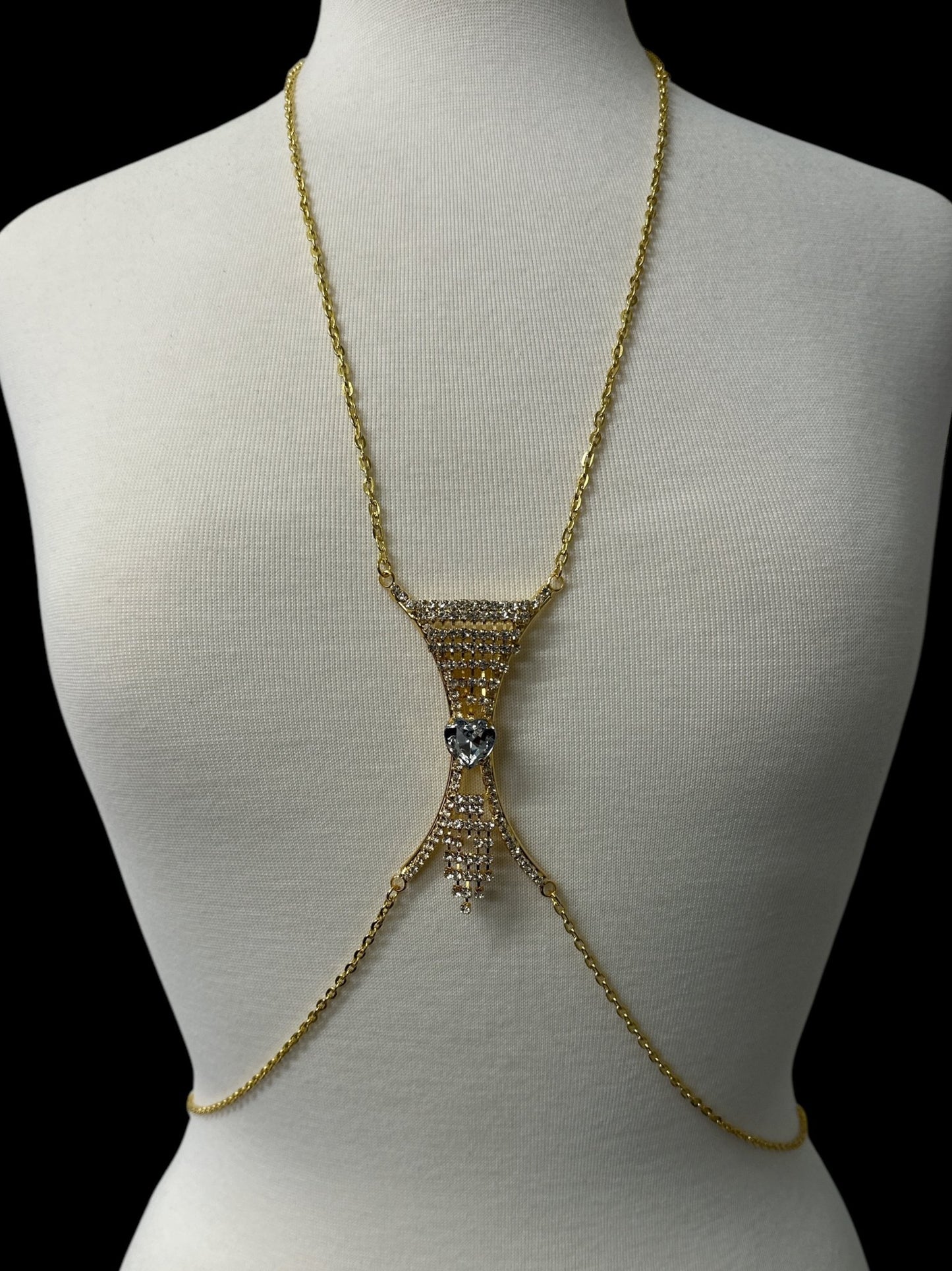 Elegant Silver Rhinestone Body Chain with White Heart Pendant - Statement Body Jewellery - Fatisha Boutique