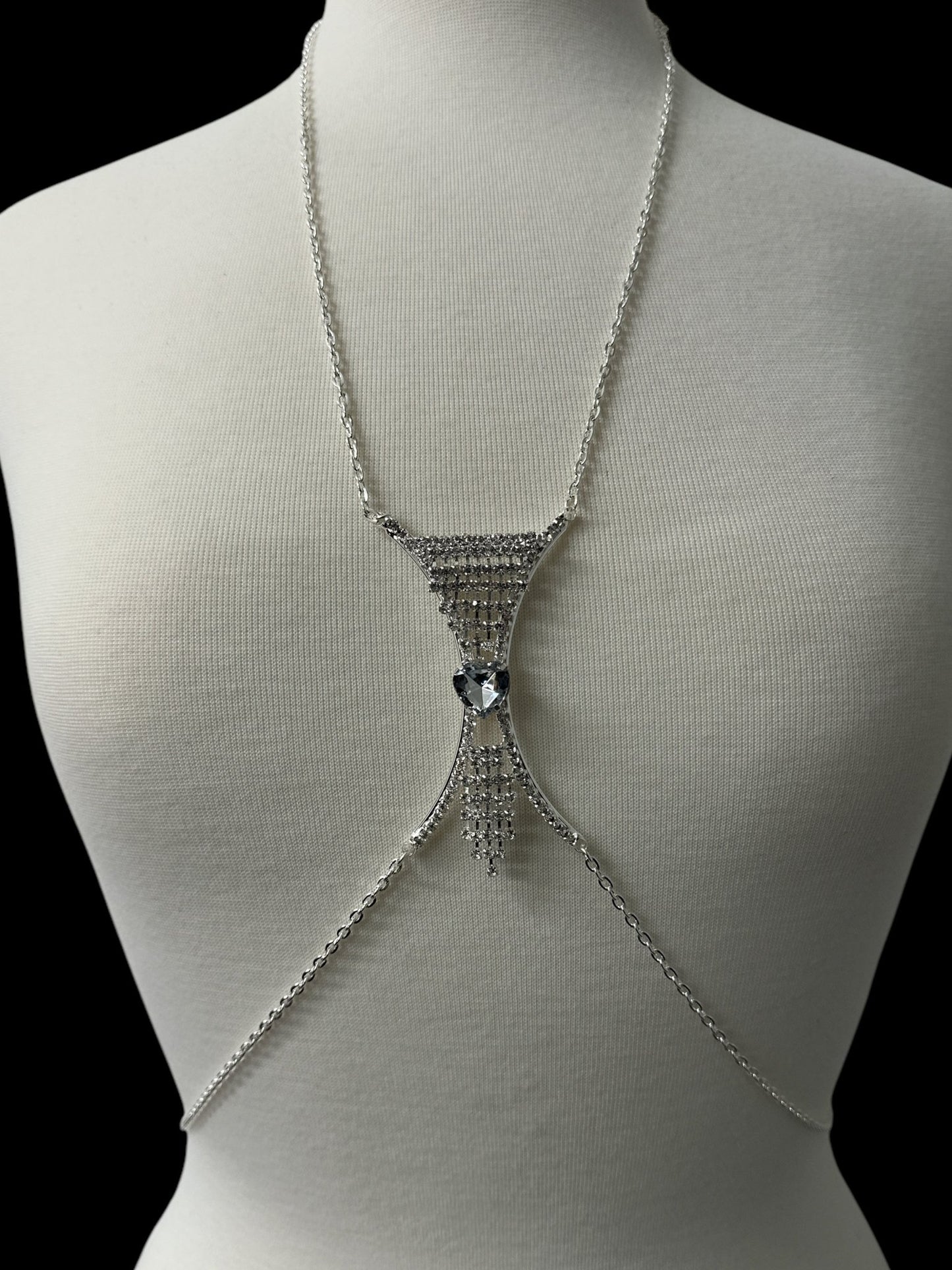 Elegant Silver Rhinestone Body Chain with White Heart Pendant - Statement Body Jewellery - Fatisha Boutique