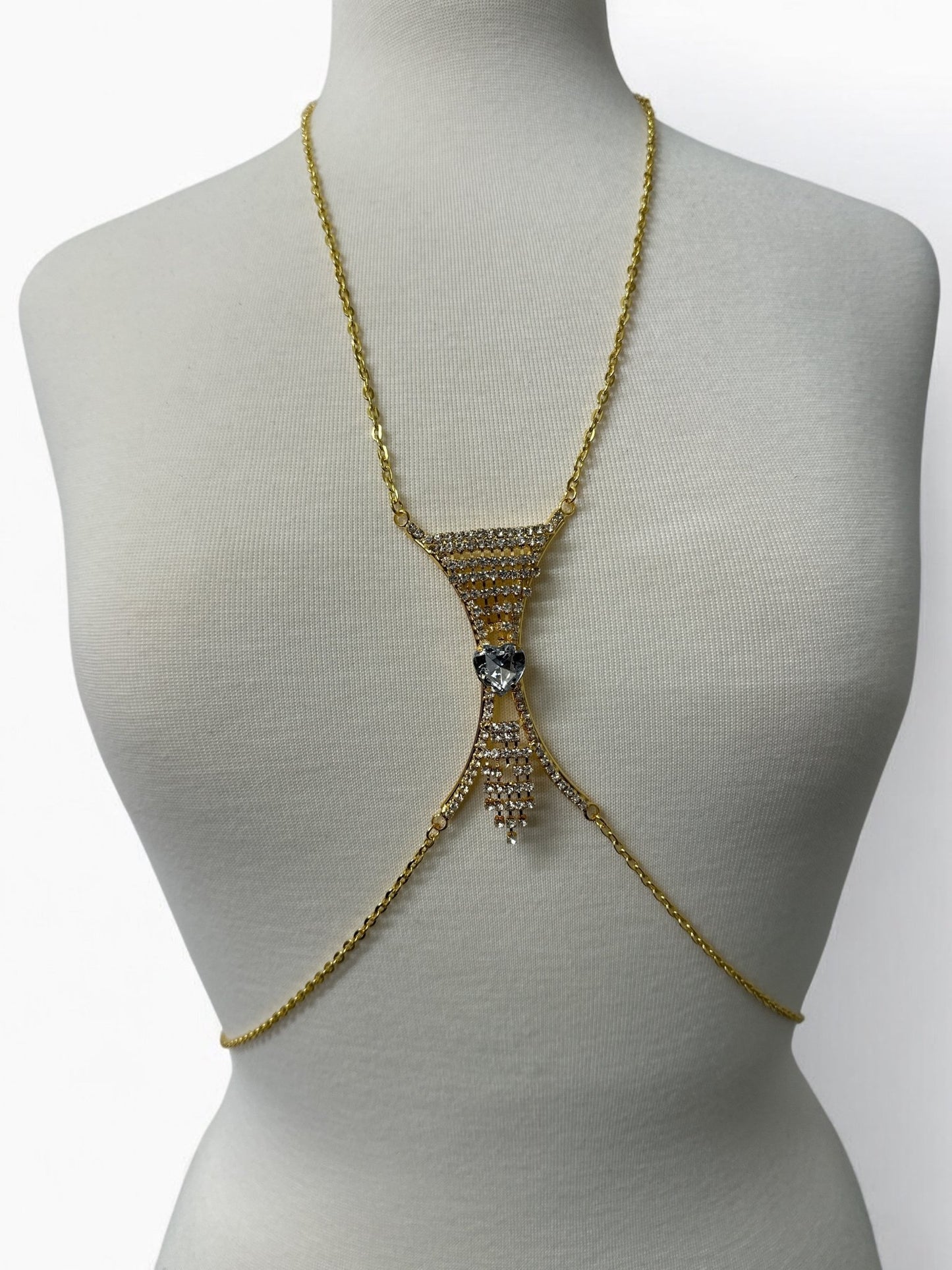 Elegant Silver Rhinestone Body Chain with White Heart Pendant - Statement Body Jewellery - Fatisha Boutique
