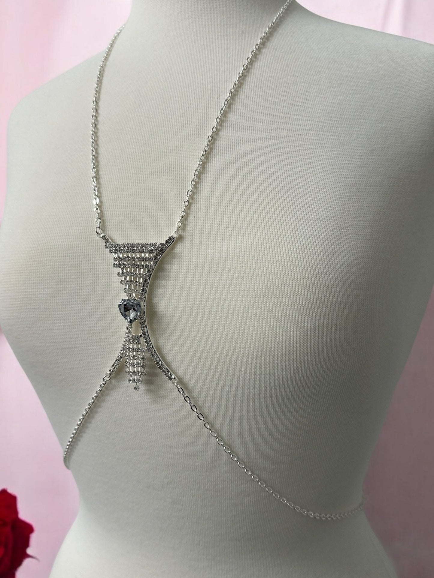 Elegant Silver Rhinestone Body Chain with White Heart Pendant - Statement Body Jewellery - Fatisha Boutique