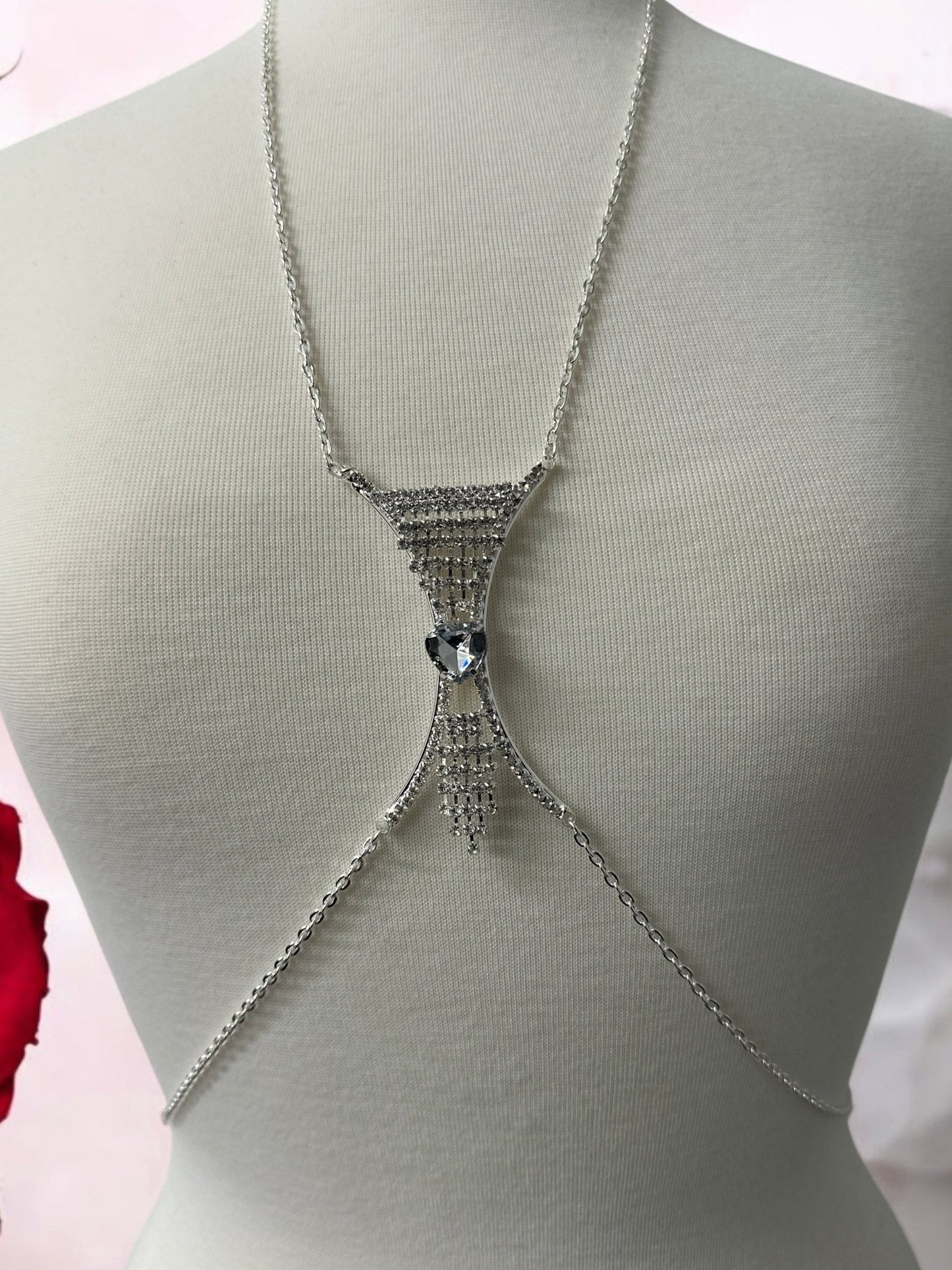 Elegant Silver Rhinestone Body Chain with White Heart Pendant - Statement Body Jewellery - Fatisha Boutique