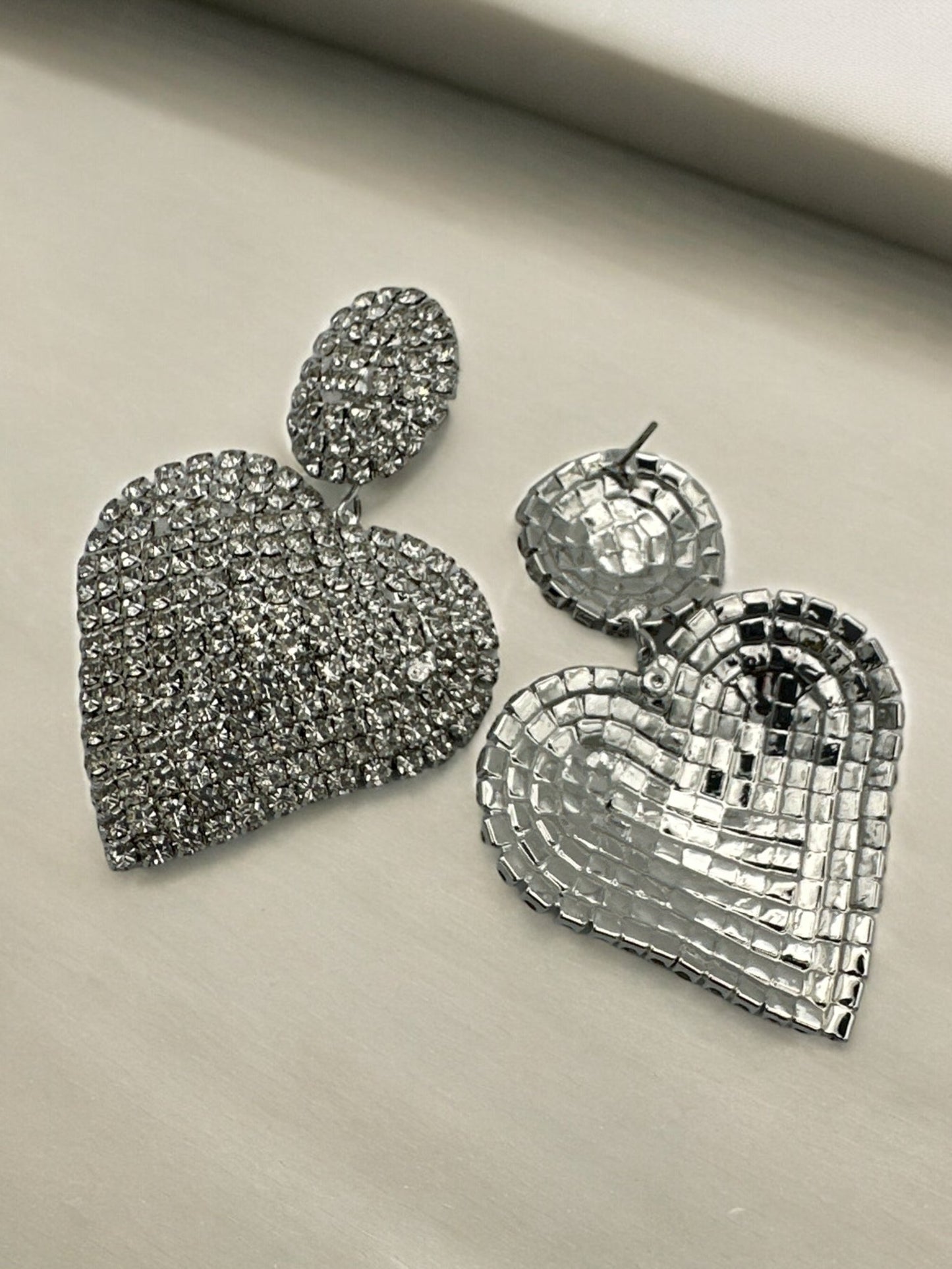 Glamorous Silver Statement Diamante Heart Shaped Rhinestone Earrings - Fatisha Boutique