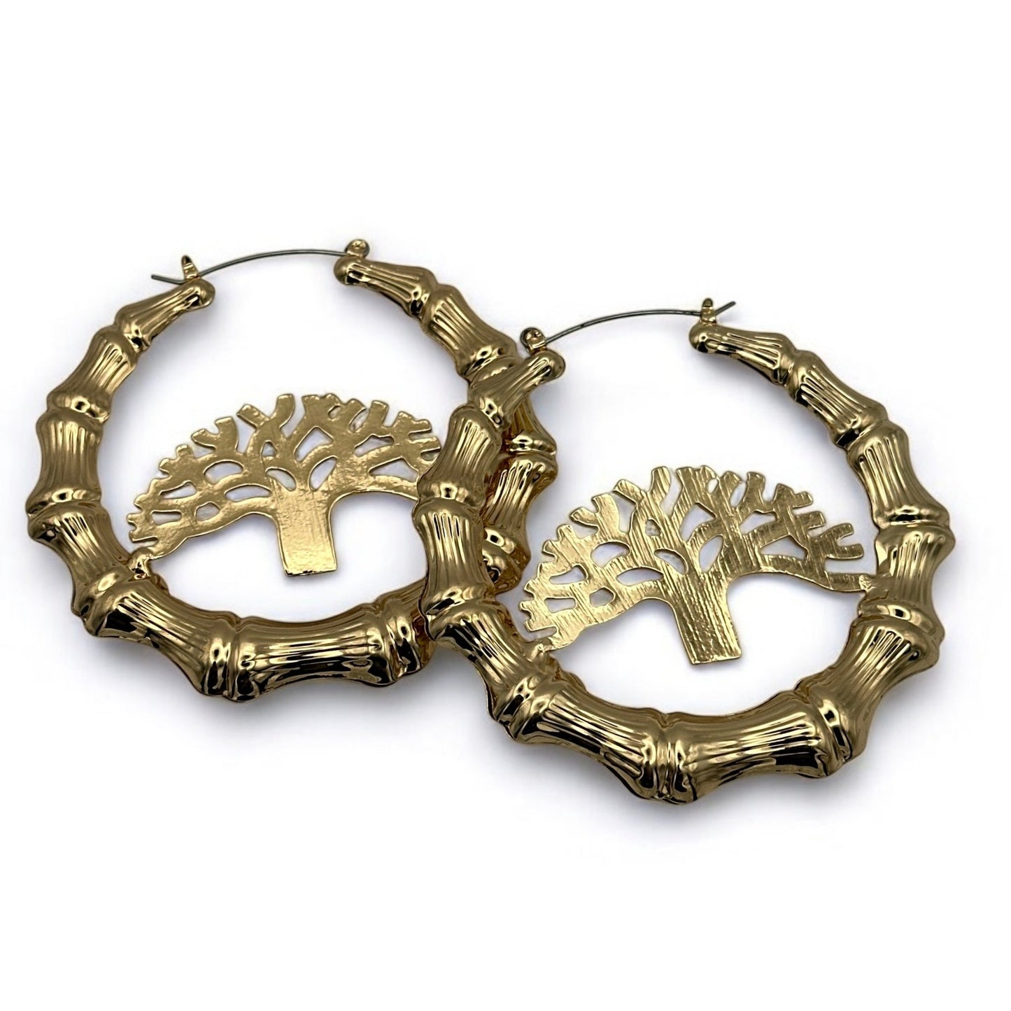 Gold Bamboo Hoop Earrings with Tree Design – 7CM Chunky Statement Jewelry - Fatisha Boutique