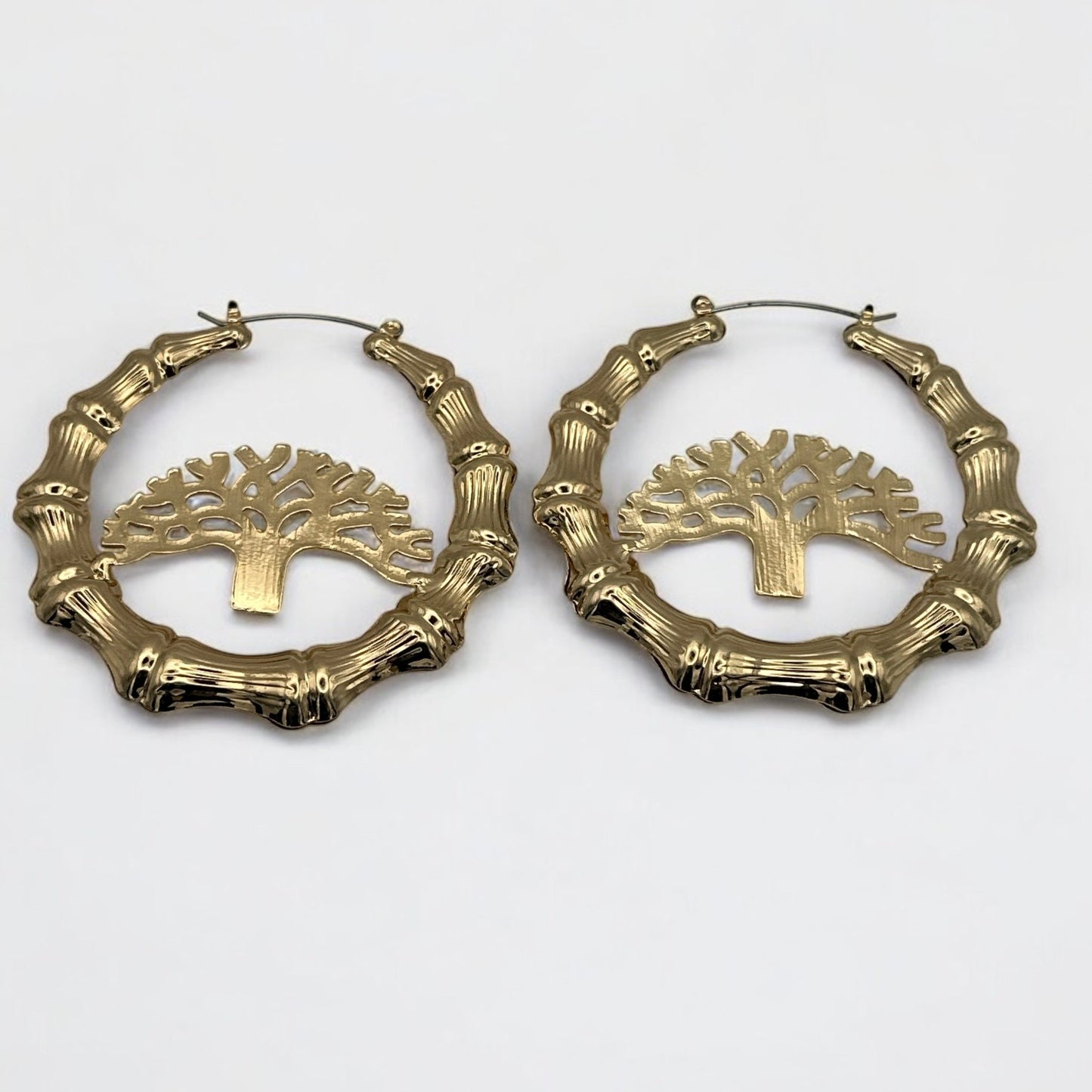 Gold Bamboo Hoop Earrings with Tree Design – 7CM Chunky Statement Jewelry - Fatisha Boutique