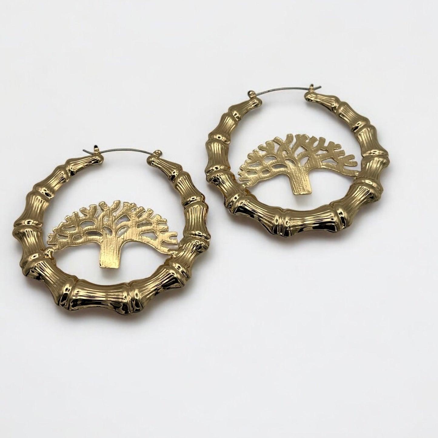 Gold Bamboo Hoop Earrings with Tree Design – 7CM Chunky Statement Jewelry - Fatisha Boutique