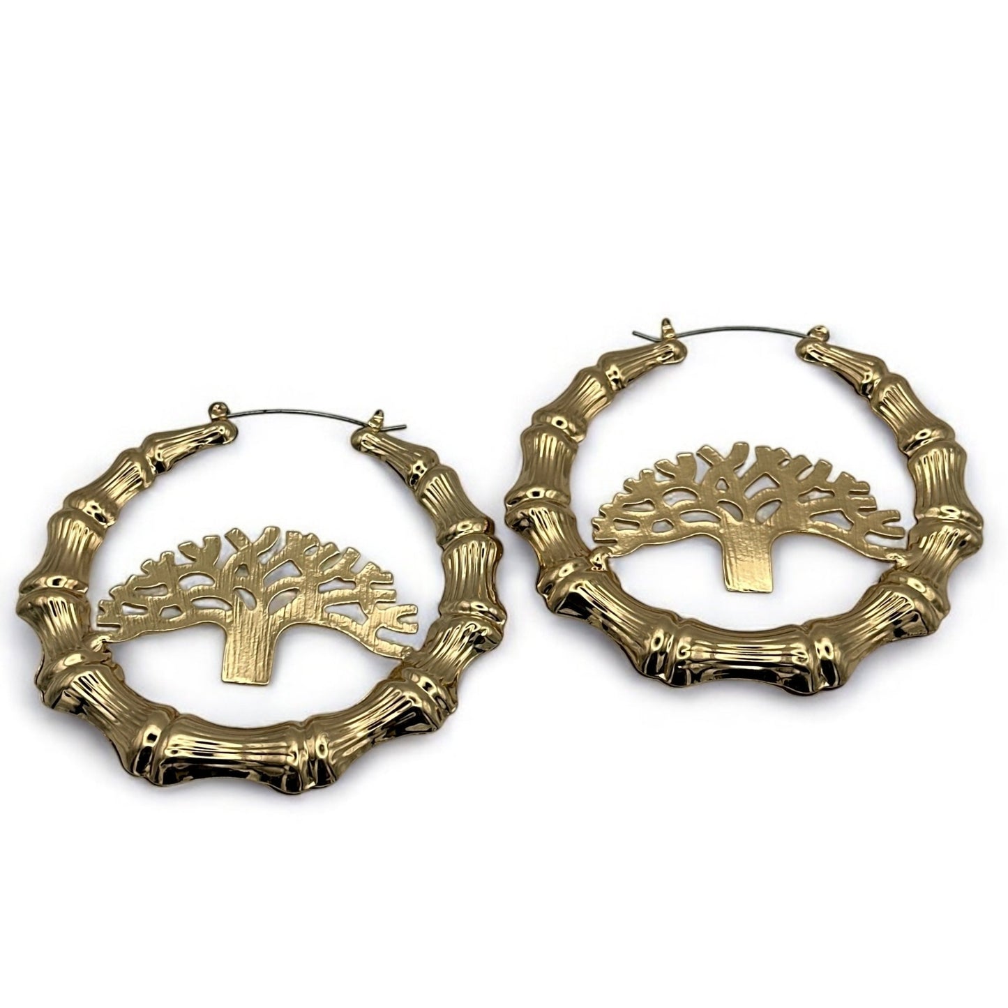 Gold Bamboo Hoop Earrings with Tree Design – 7CM Chunky Statement Jewelry - Fatisha Boutique