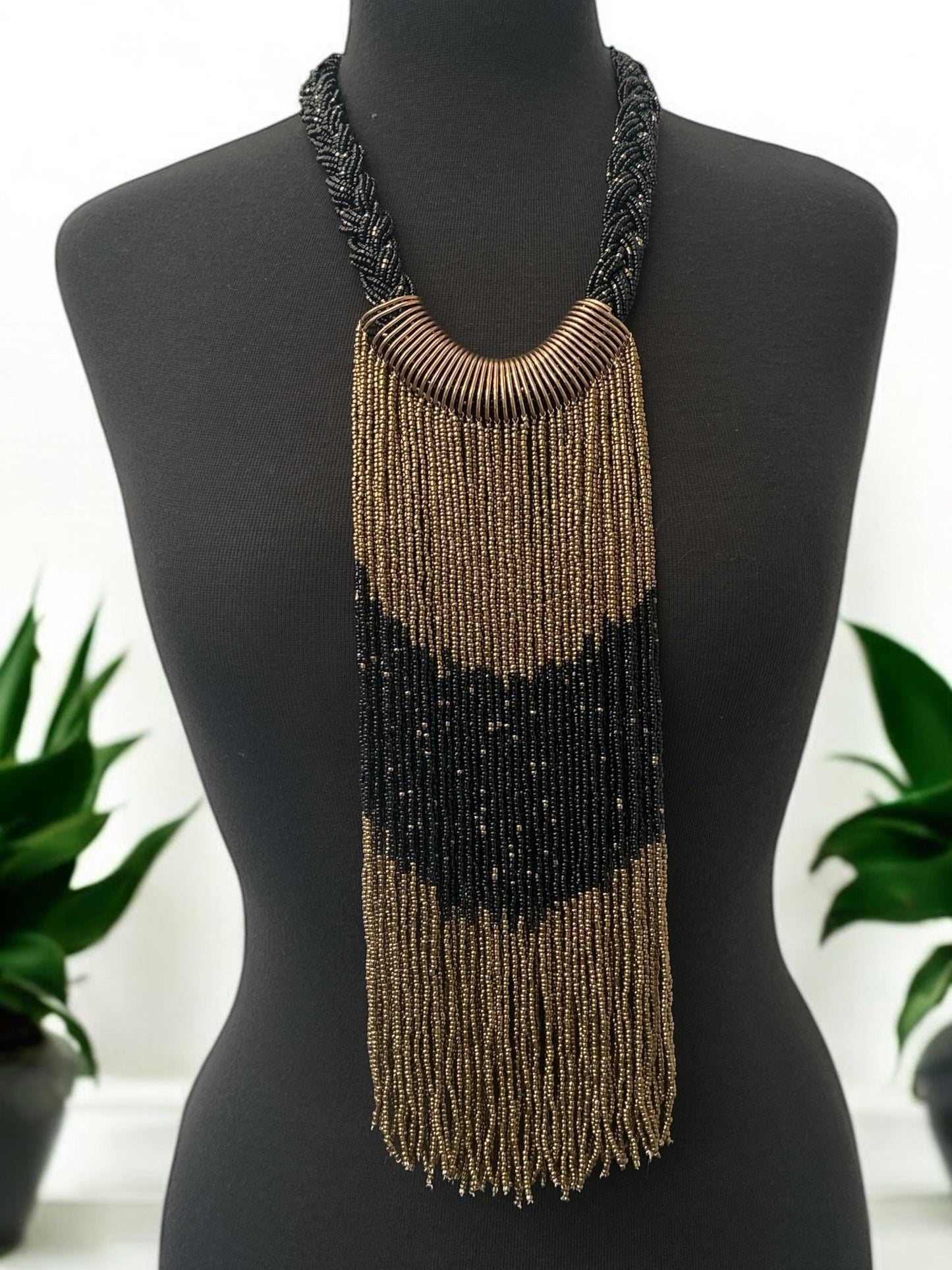 Gold & Black African Beaded Necklace – Handmade Ethnic Fringe Jewellery - Fatisha Boutique