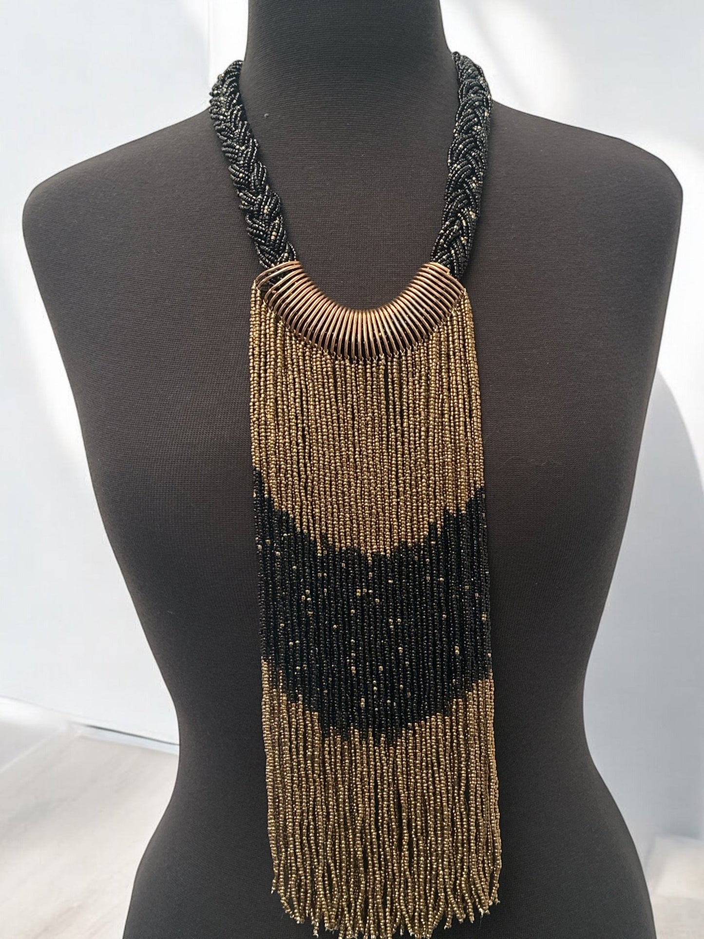 Gold & Black African Beaded Necklace – Handmade Ethnic Fringe Jewellery - Fatisha Boutique