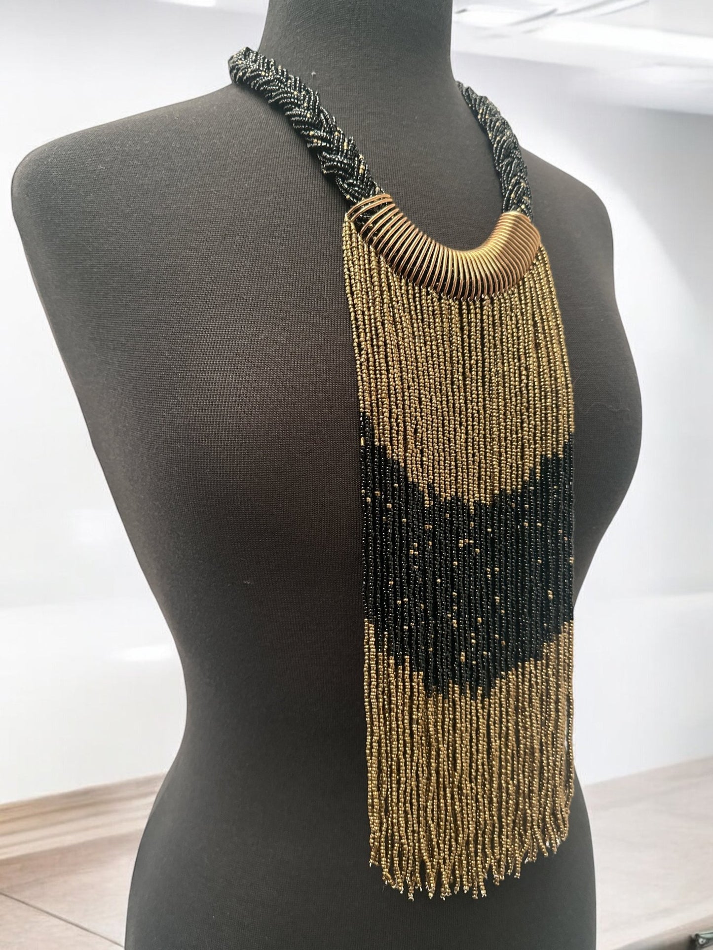 Gold & Black African Beaded Necklace – Handmade Ethnic Fringe Jewellery - Fatisha Boutique
